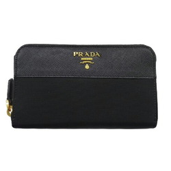 PRADA Wallet Women's Brand Round Nylon Saffiano Black Gold Hardware 1M1157