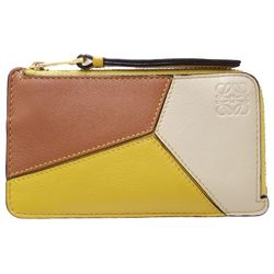 LOEWE Puzzle Coin Card Holder Case Calf Yellow Ivory Brown 083488