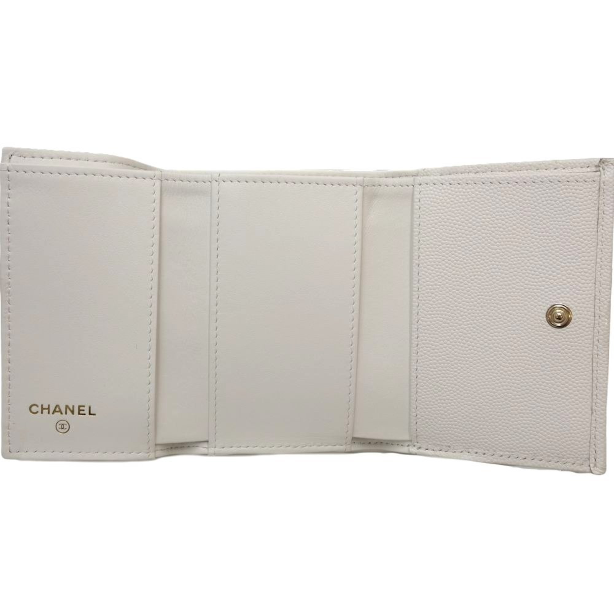 CHANEL Classic Small Flap Matelasse AP0230 Trifold Wallet Caviar Skin White 083640