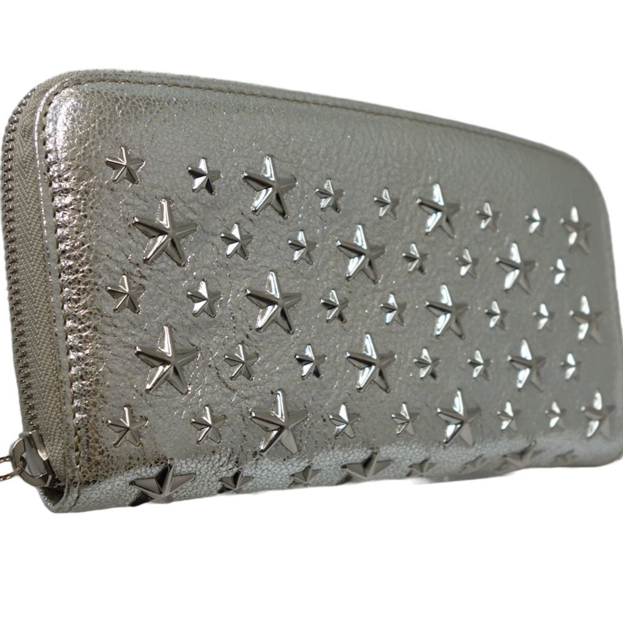 JIMMY CHOO Round Zipper FILIPA Star Studs Long Wallet Leather Metallic Silver 083397