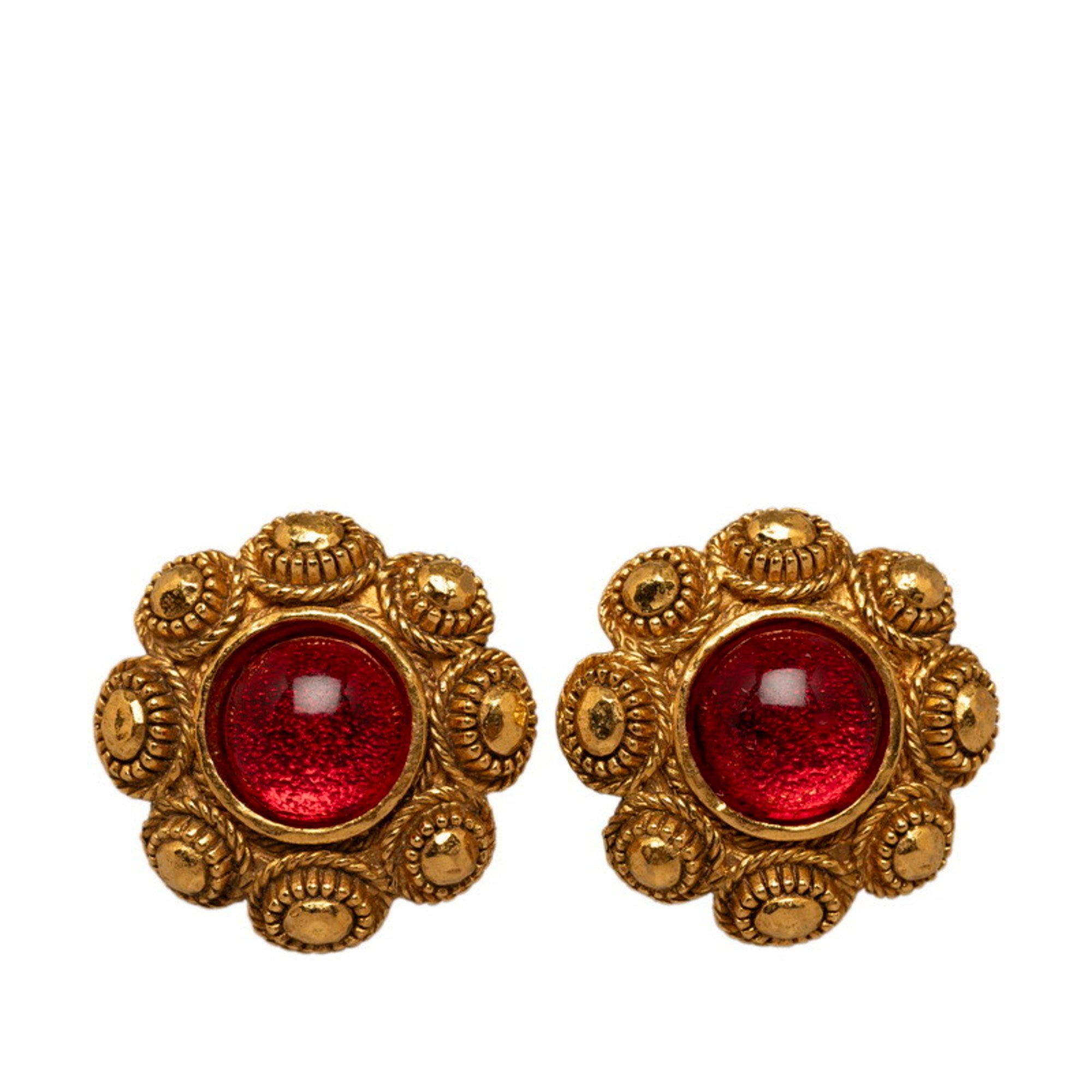 CHANEL Colored Stone Flower Motif Earrings Gold Red Plated Resin Women's