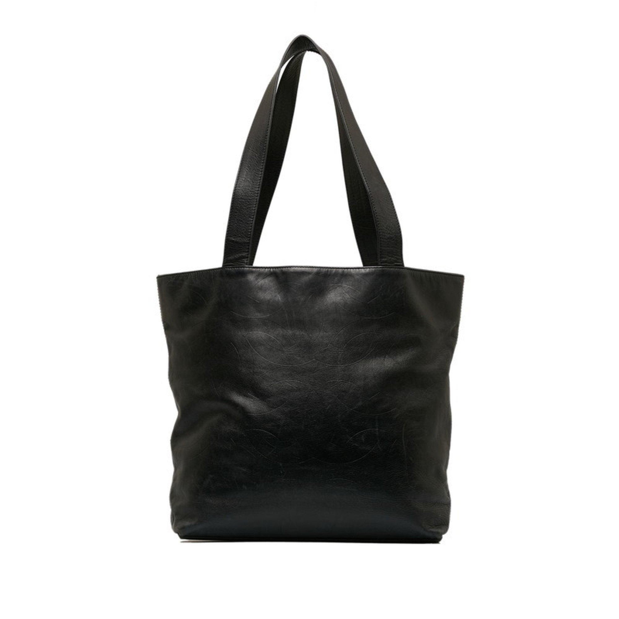 CHANEL Coco Mark Embossed Tote Bag Black Lambskin Women's