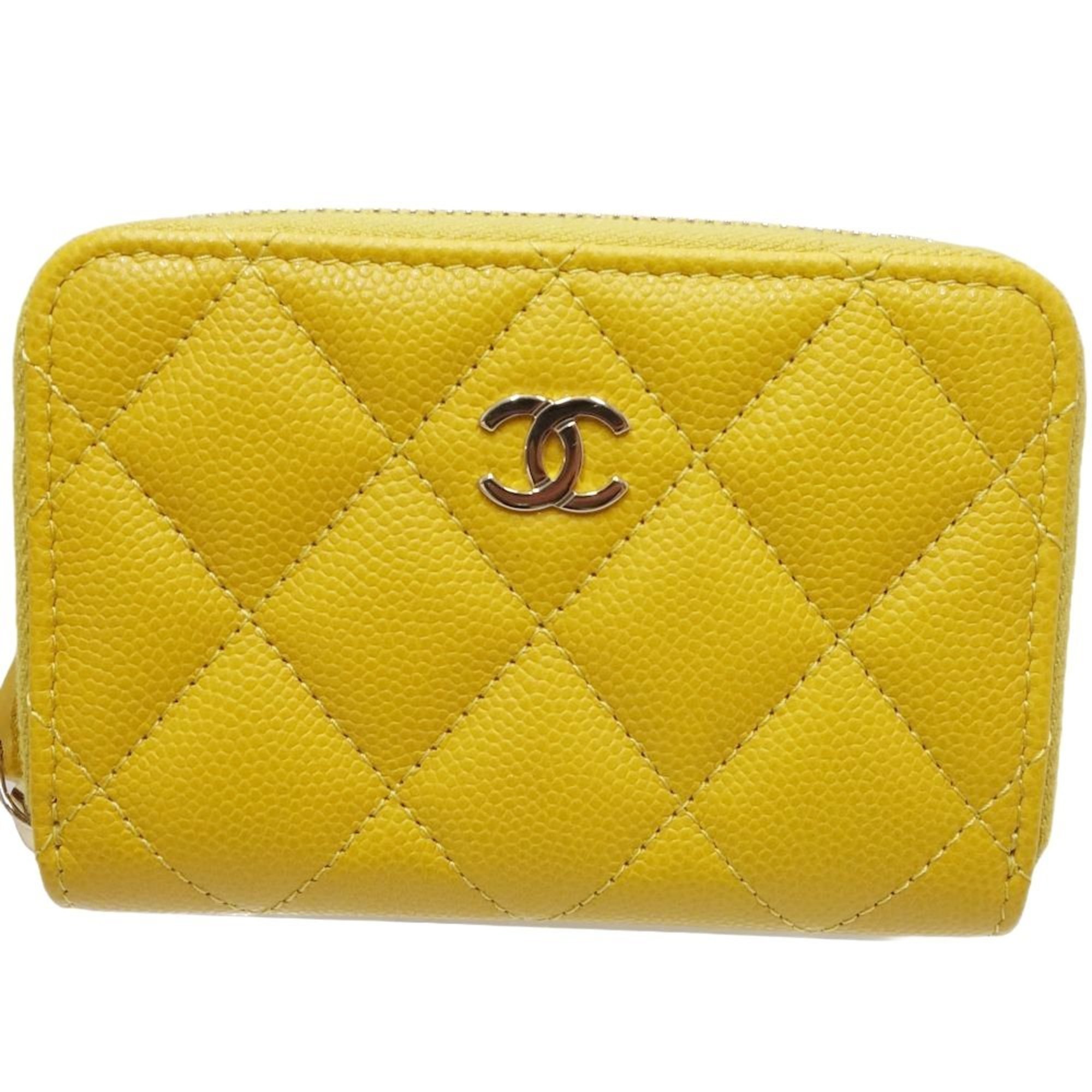 CHANEL Classic Zip Coin Purse Matelasse AP0216 Case Caviar Skin Yellow 083597