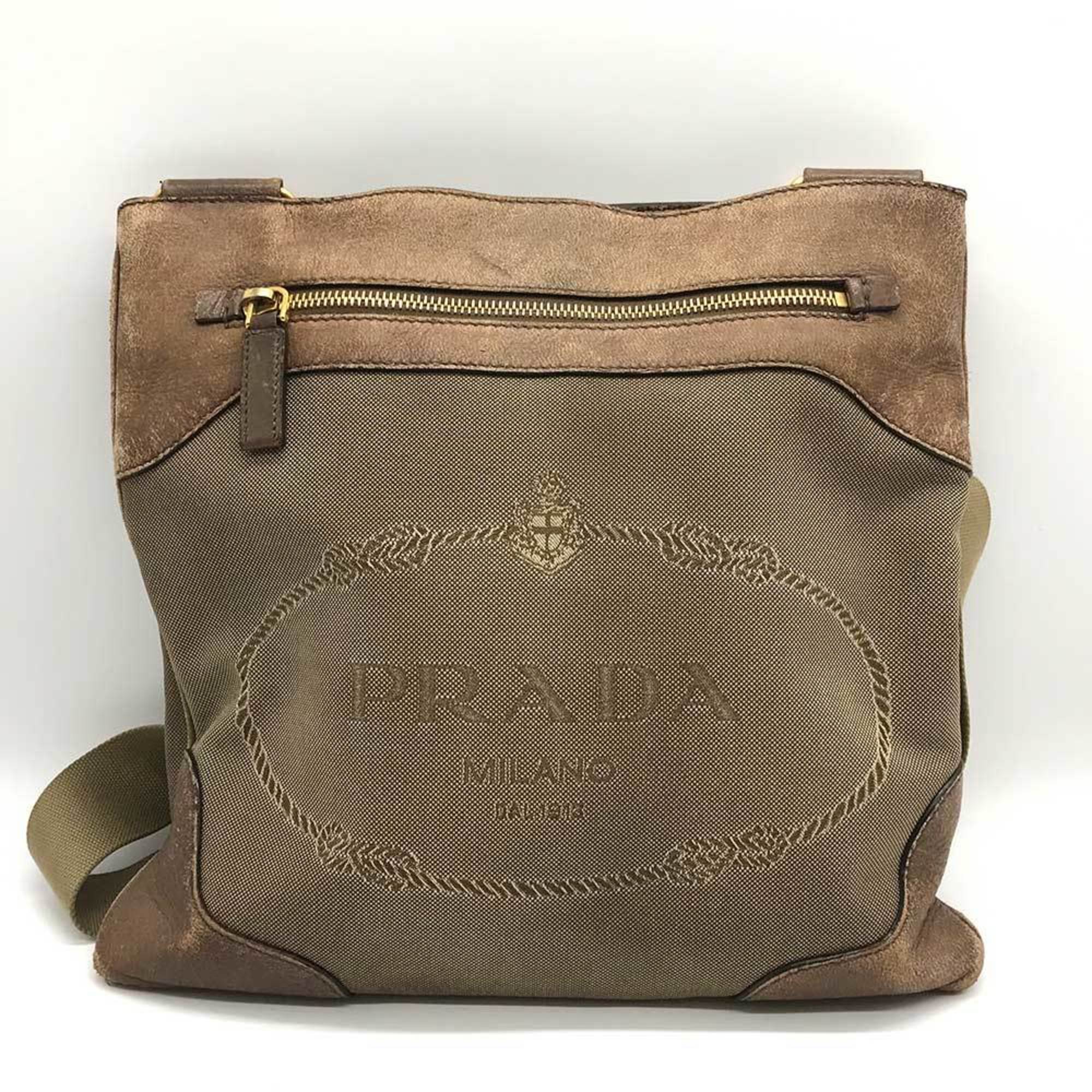 prada bag shoulder jacquard x leather beige canvas