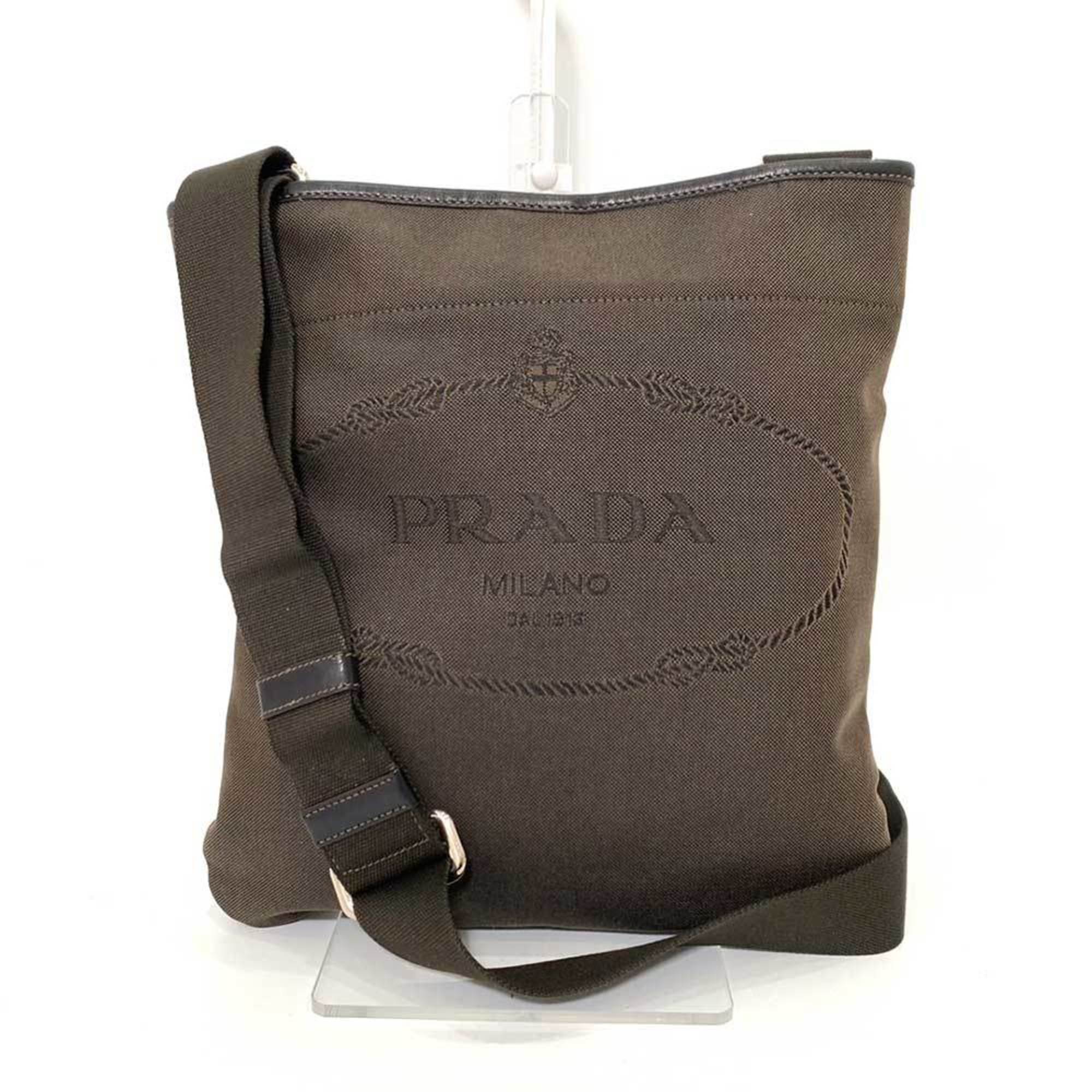 PRADA Bag Shoulder Brown Tea Embroidery Square Flat Ladies Men's Jacquard Canvas VA0655