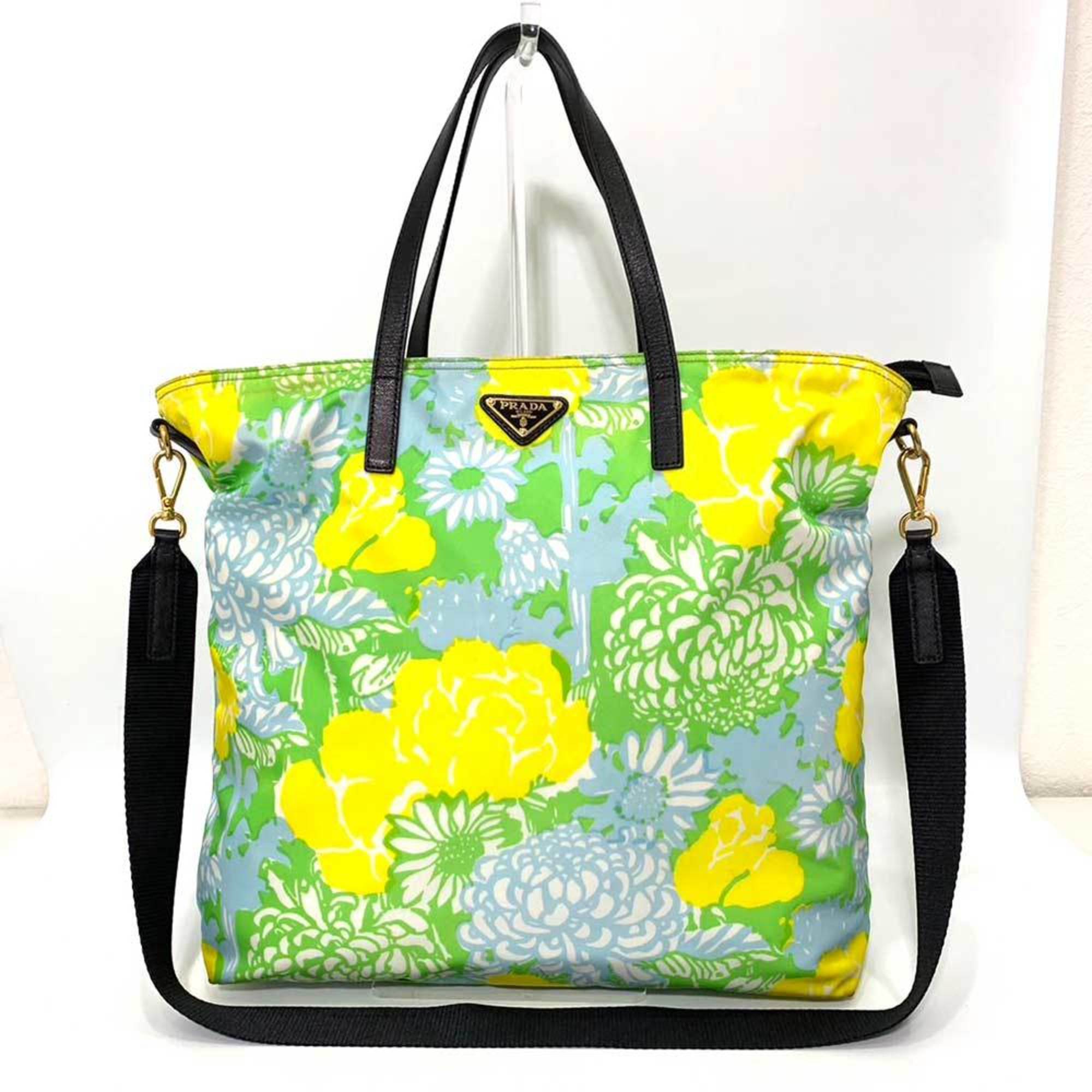 PRADA Bag Tote Multicolor Green Yellow Blue 2way Shoulder Flower Print Ladies Nylon