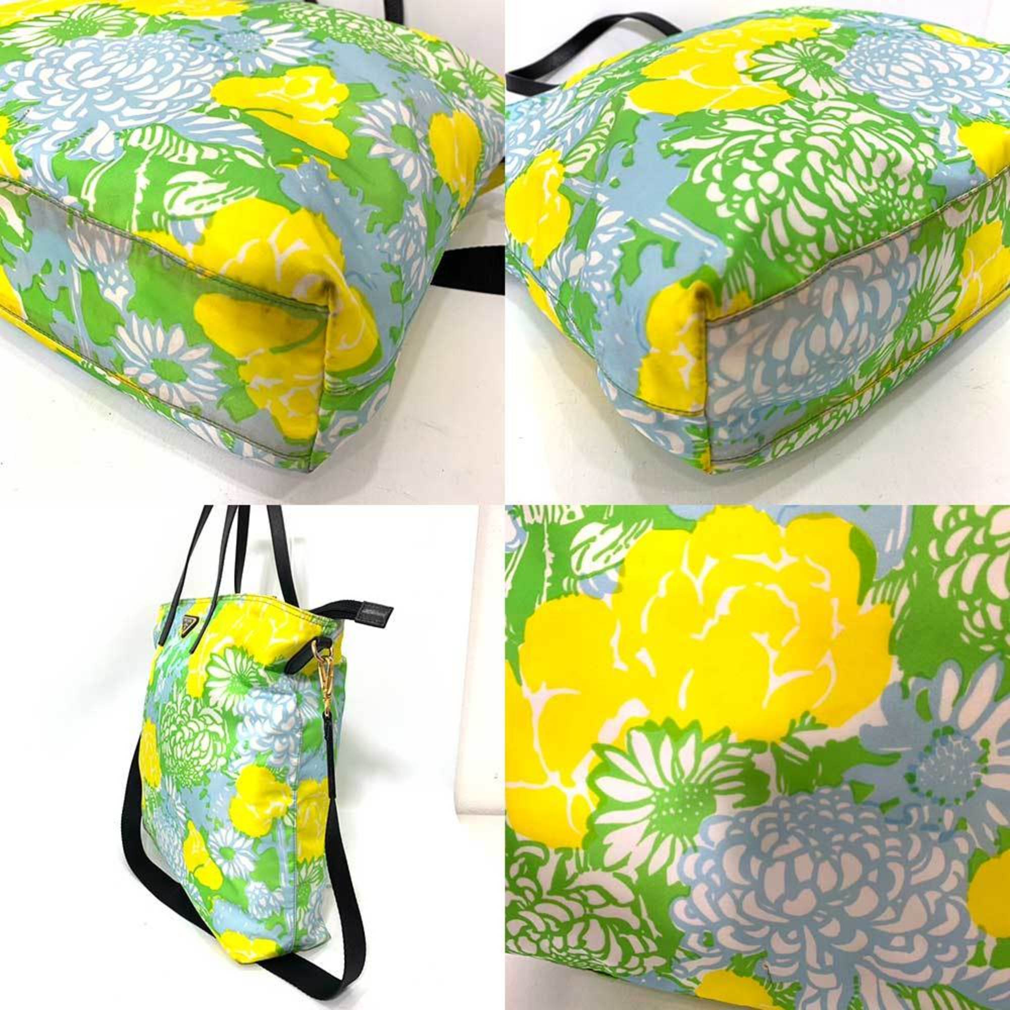 PRADA Bag Tote Multicolor Green Yellow Blue 2way Shoulder Flower Print Ladies Nylon