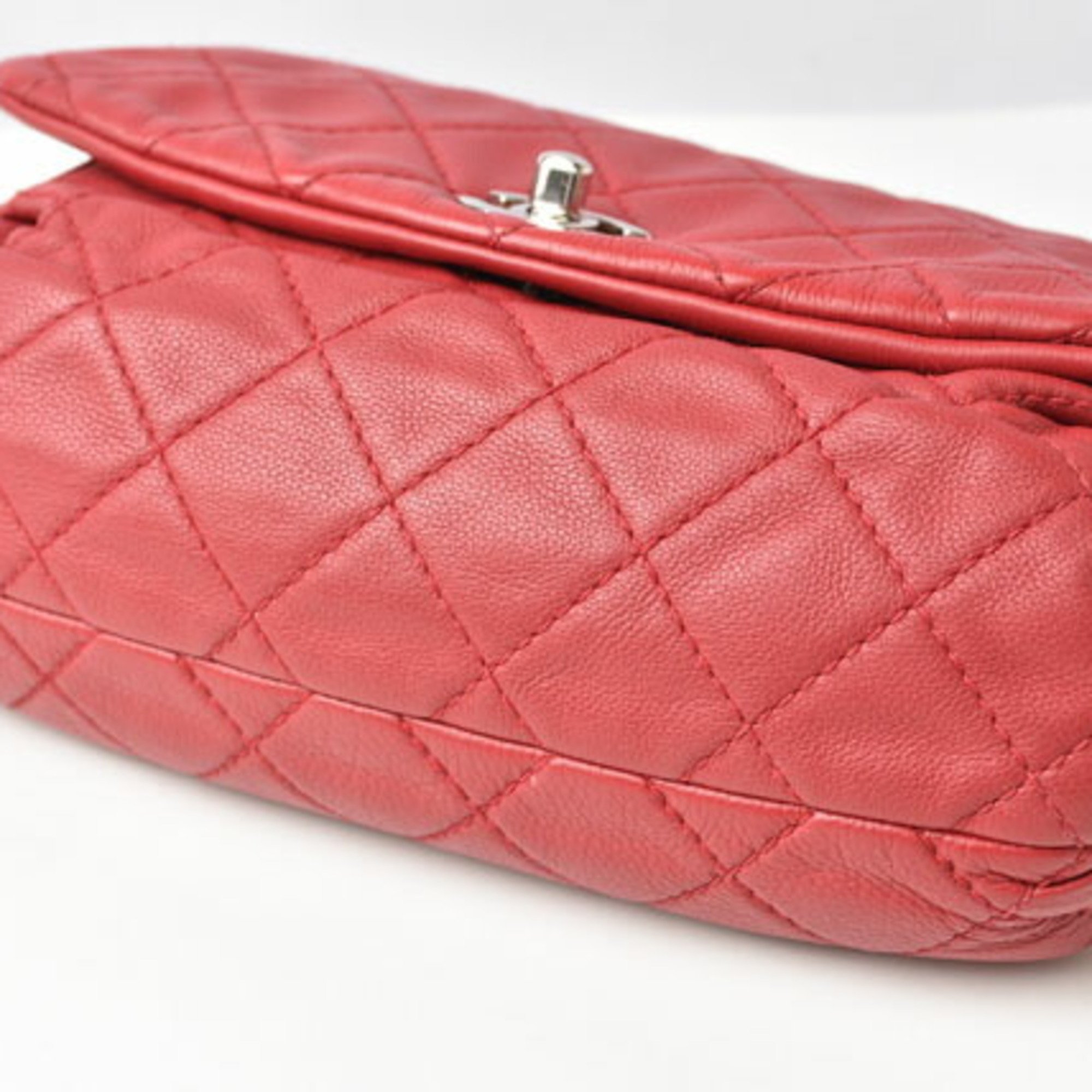 CHANEL Chain Shoulder Bag Leather Matelasse Quilting Stitch Red Silver