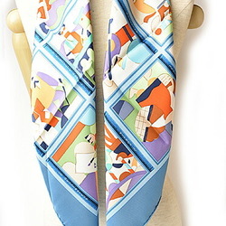 Hermes Scarf Muffler HERMES Carre90 Silk Twill LES PETITS METIRS Light Blue Multi