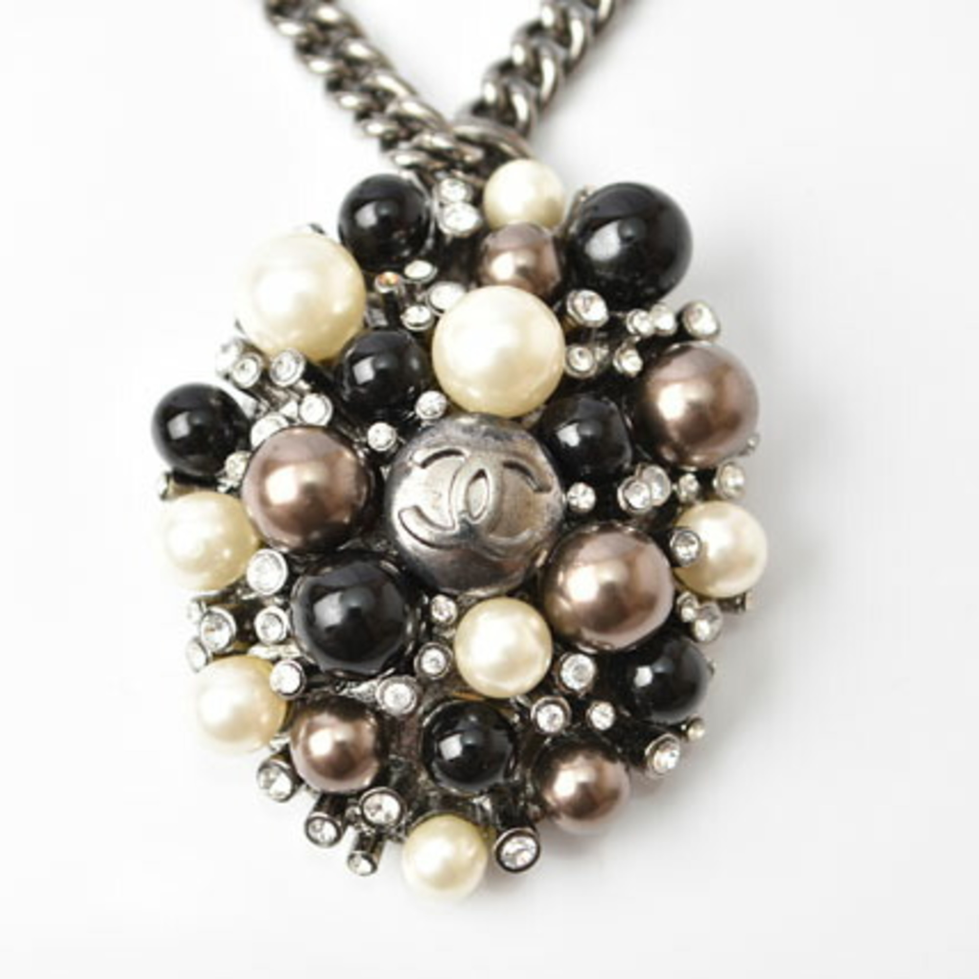 CHANEL necklace pendant CC mark rhinestone pearl black white silver