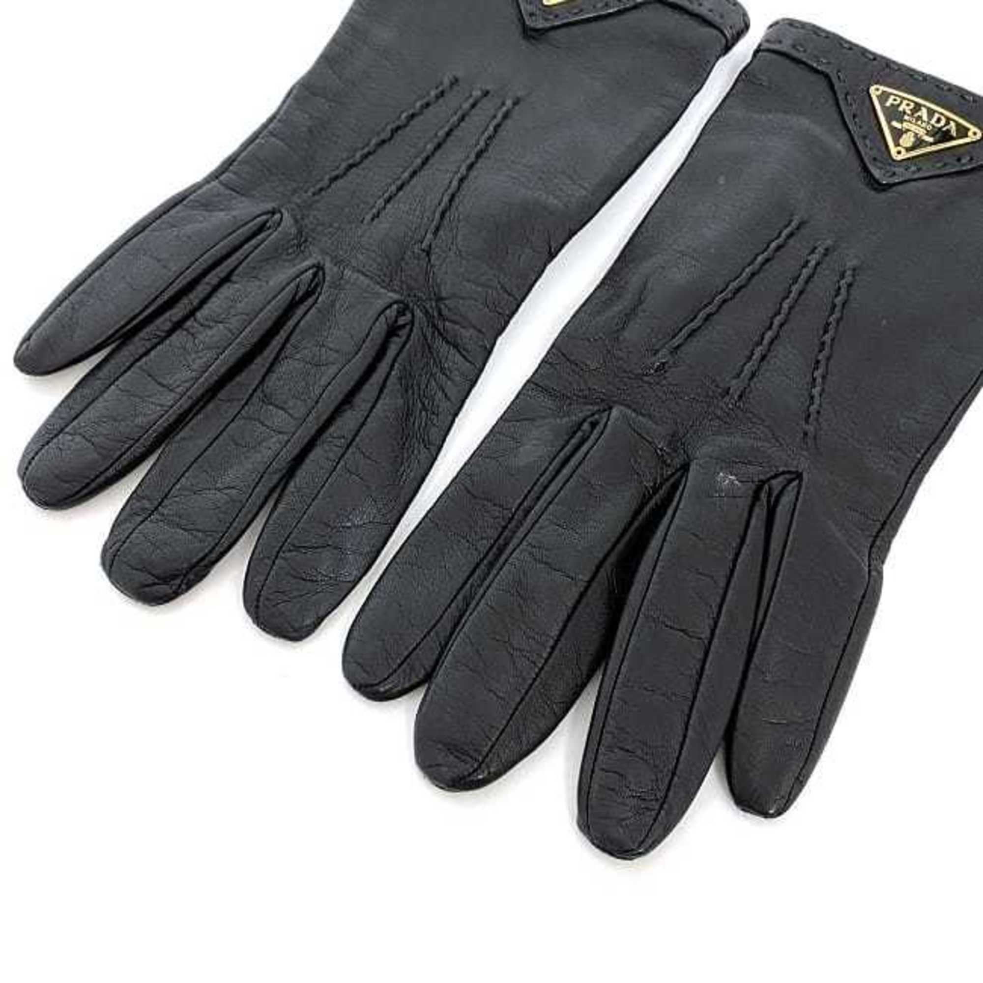 Prada Gloves Black NERO 1GG746 Size 8 Leather PRADA Triangle Plate