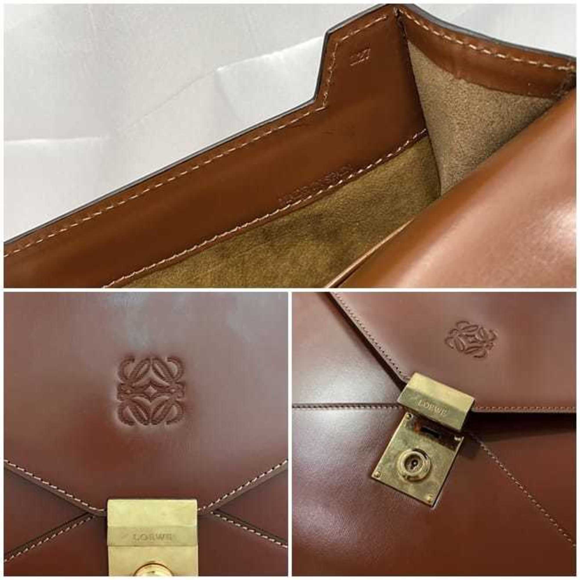 LOEWE Clutch Bag Brown Anagram Leather Flap