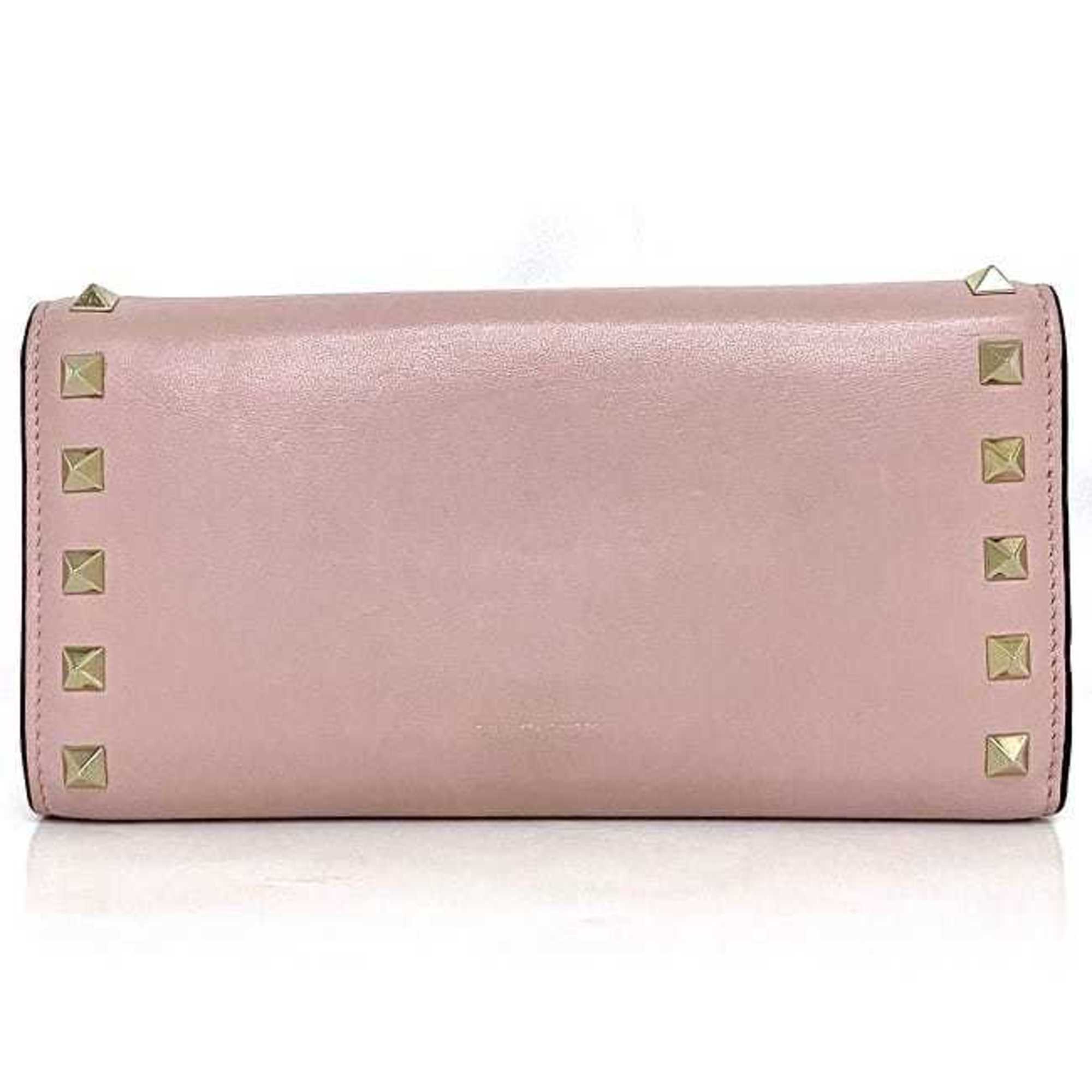 VALENTINO GARAVANI Bifold Long Wallet Pink Rockstud Studded Leather Ladies