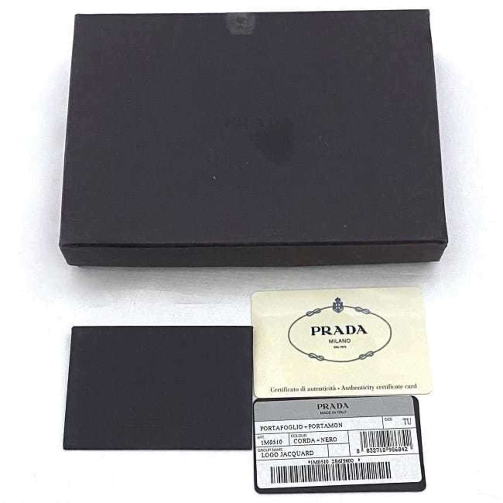 Prada tri-fold wallet beige black corda bull chart 1M0510 jacquard canvas leather PRADA fold embroidery compact ladies