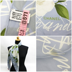 CHANEL Silk Scarf Muffler Camellia Pattern Chiffon Light Blue Ladies