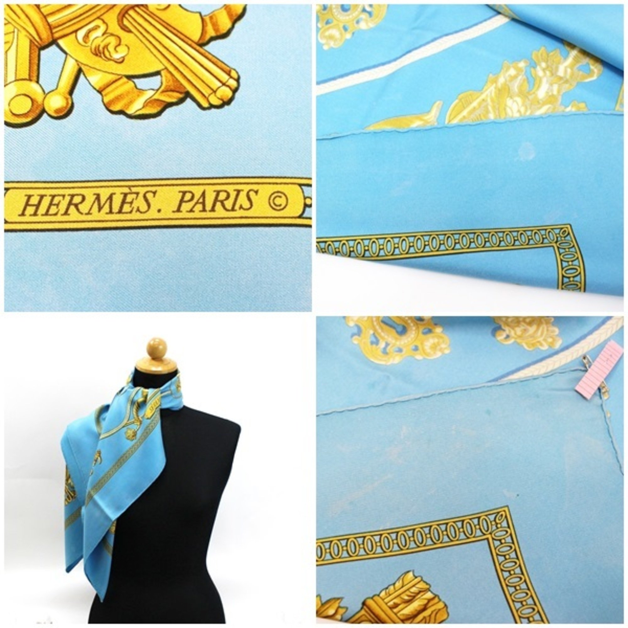 Hermes Scarf Muffler Carre 90 SESAME Sky Blue x Gold HERMES Ladies