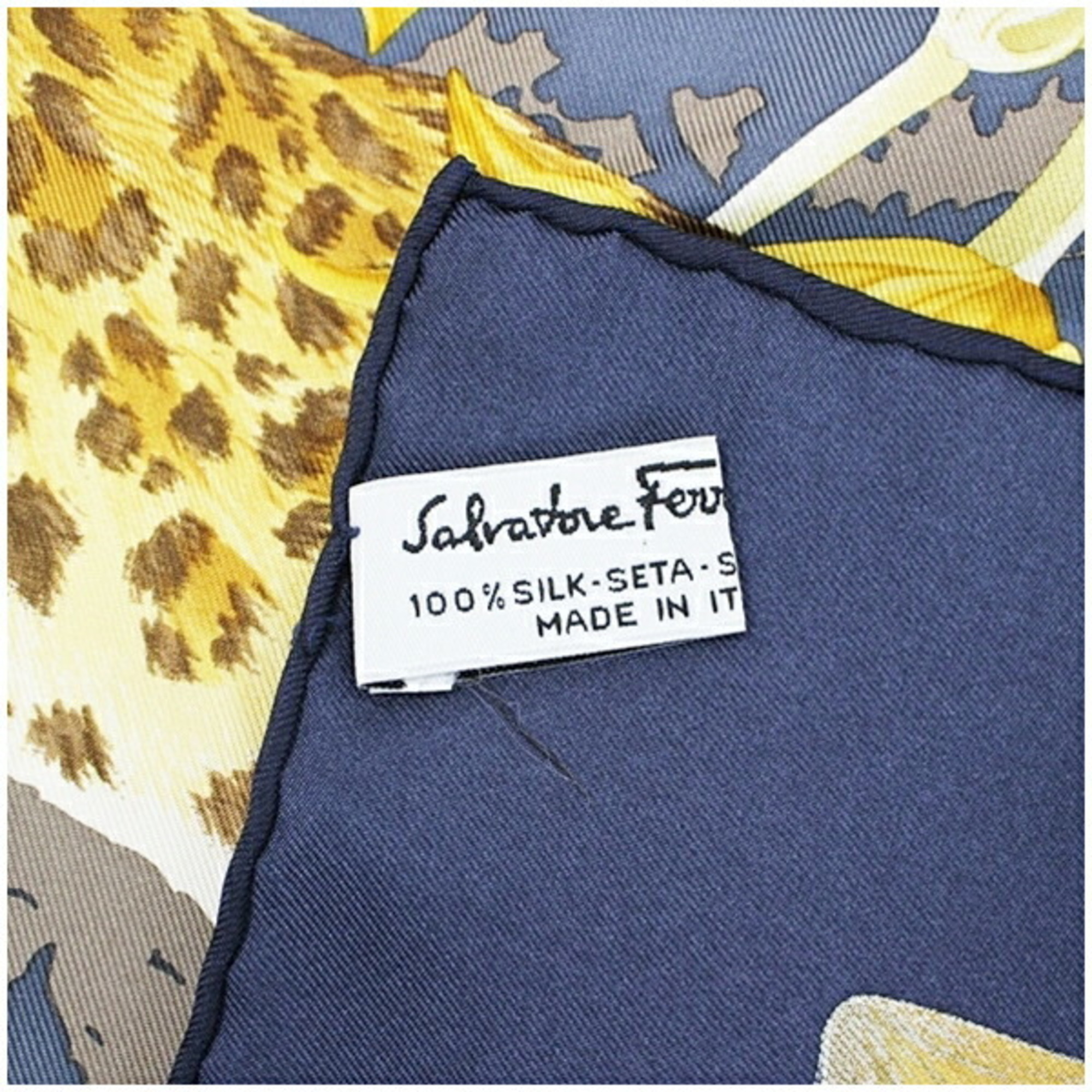 Salvatore Ferragamo Silk Scarf Muffler Leopard Print Navy x Multicolor Women's