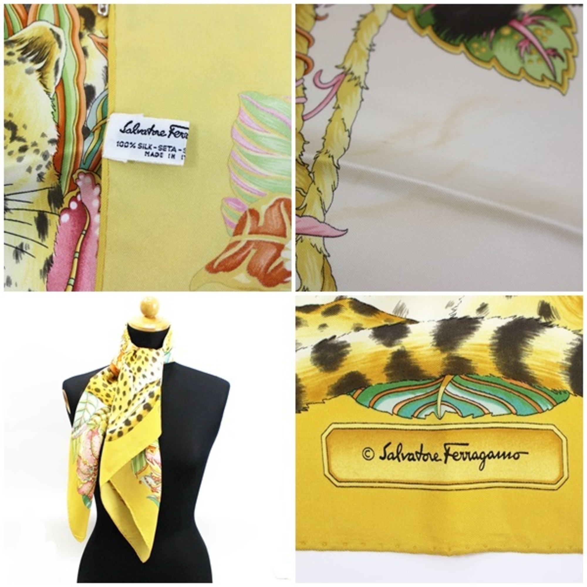 Salvatore Ferragamo Silk Scarf Muffler Leopard Print Yellow Women's