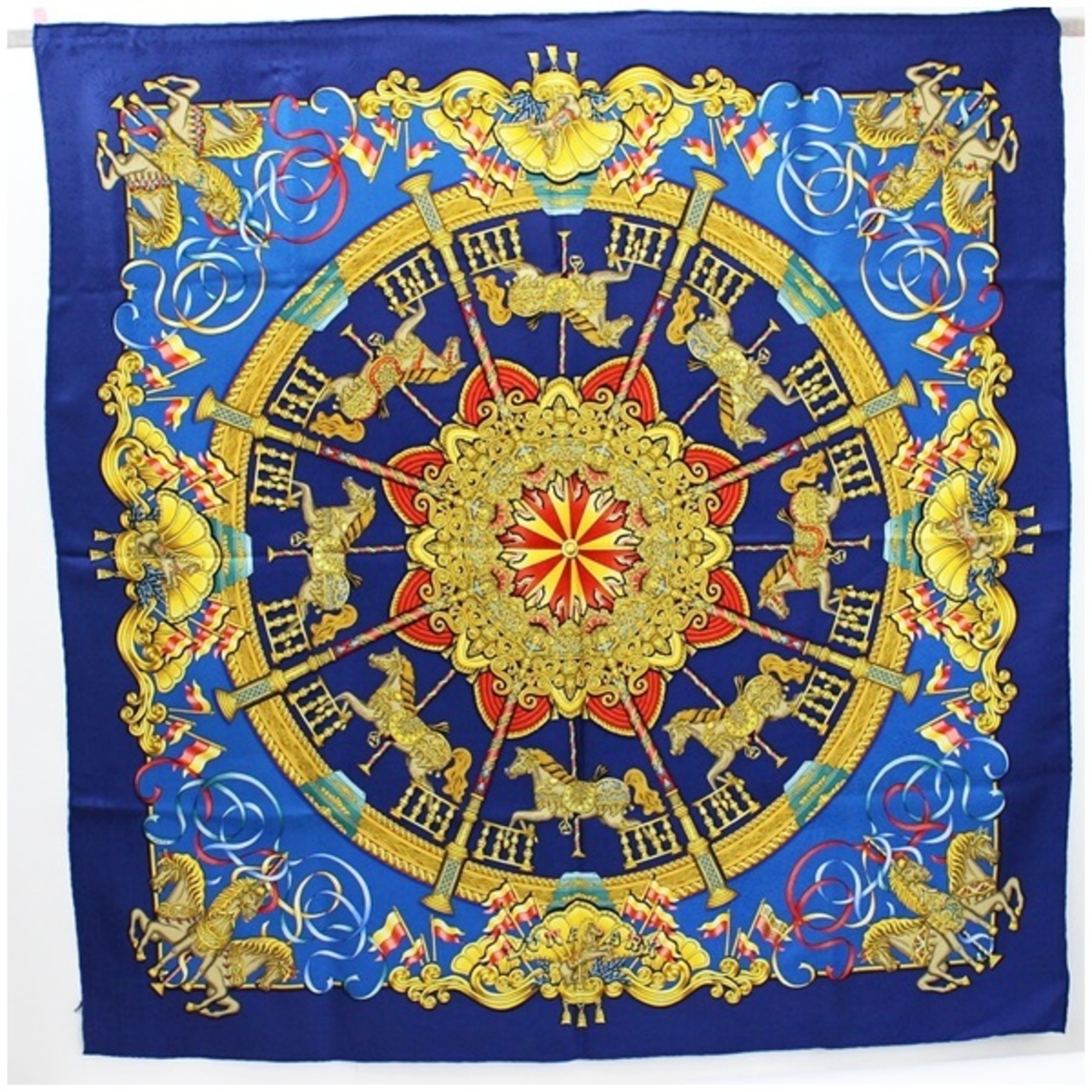 Hermes Silk Scarf Muffler Carre 90 LUNAPARK Blue x Gold HERMES Ladies ...