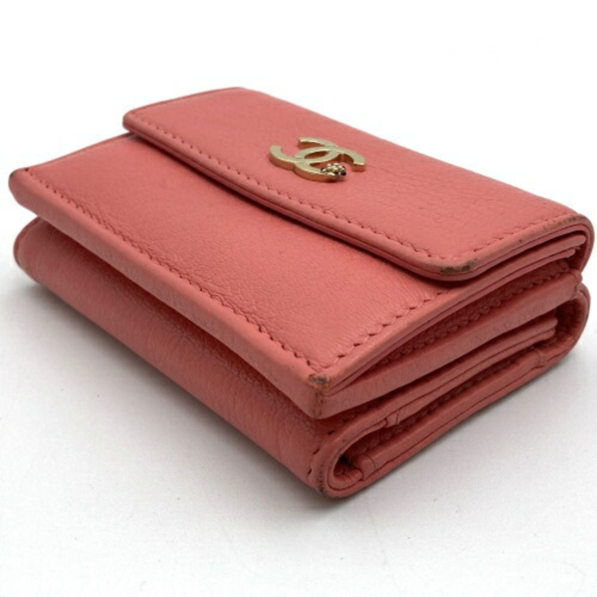 CHANEL Trifold Wallet Coco Mark Lucky Flower Pink Coral Leather Women's Accessories ITR2HUM8H274