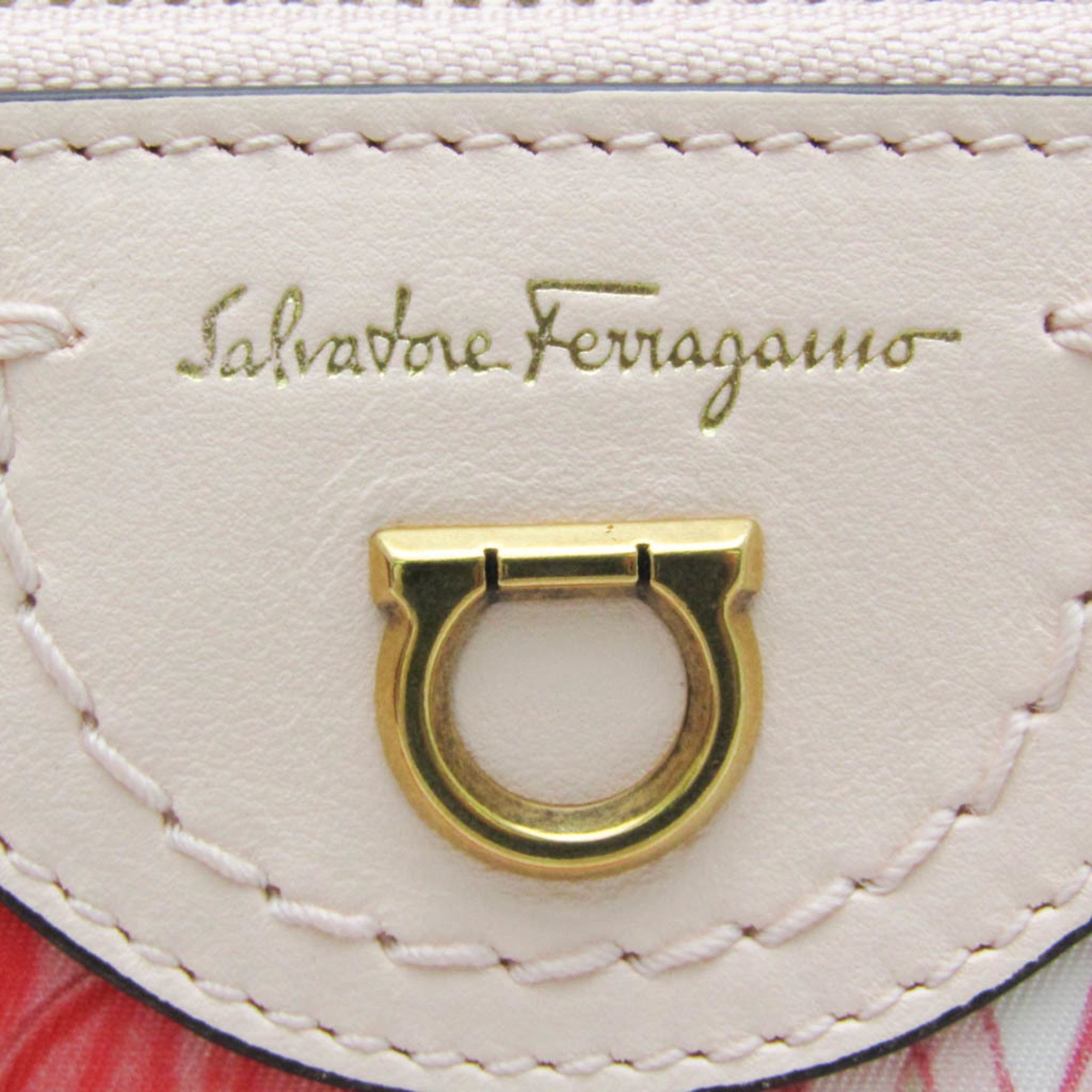 Salvatore Ferragamo Gancini Floral Pattern AU-22 O241 Women's Leather,Nylon Pouch Light Pink,Multi-color