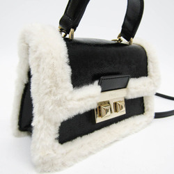 Furla Mini Women's Leather,Fur Handbag,Shoulder Bag Black,Off-white