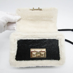 Furla Mini Women's Leather,Fur Handbag,Shoulder Bag Black,Off-white