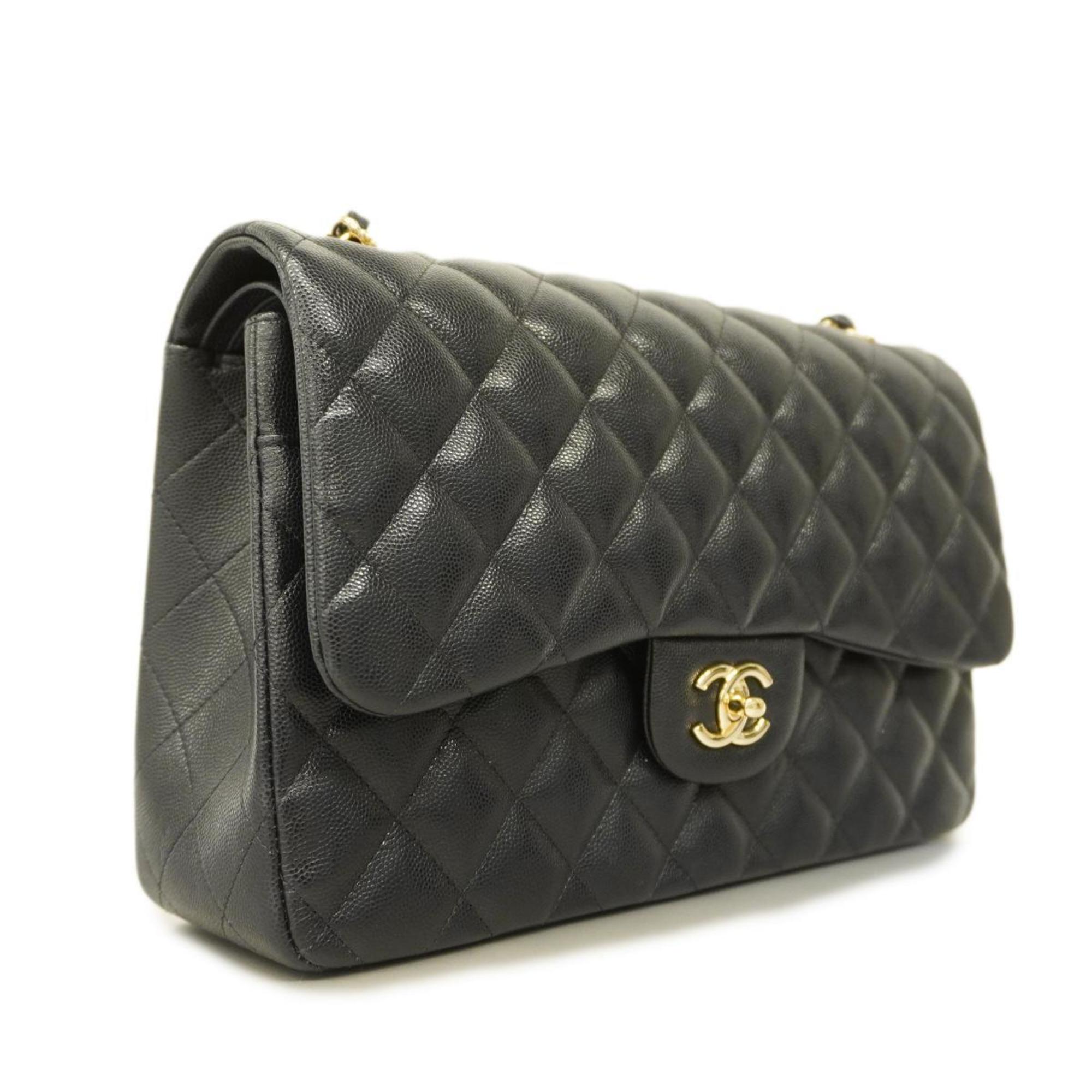 Chanel Shoulder Bag Matelasse W Flap Chain Caviar Skin Black Champagne Women's