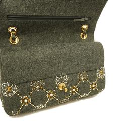 Chanel Shoulder Bag Matelasse W Flap Chain Wool Pearl Gray Champagne Ladies