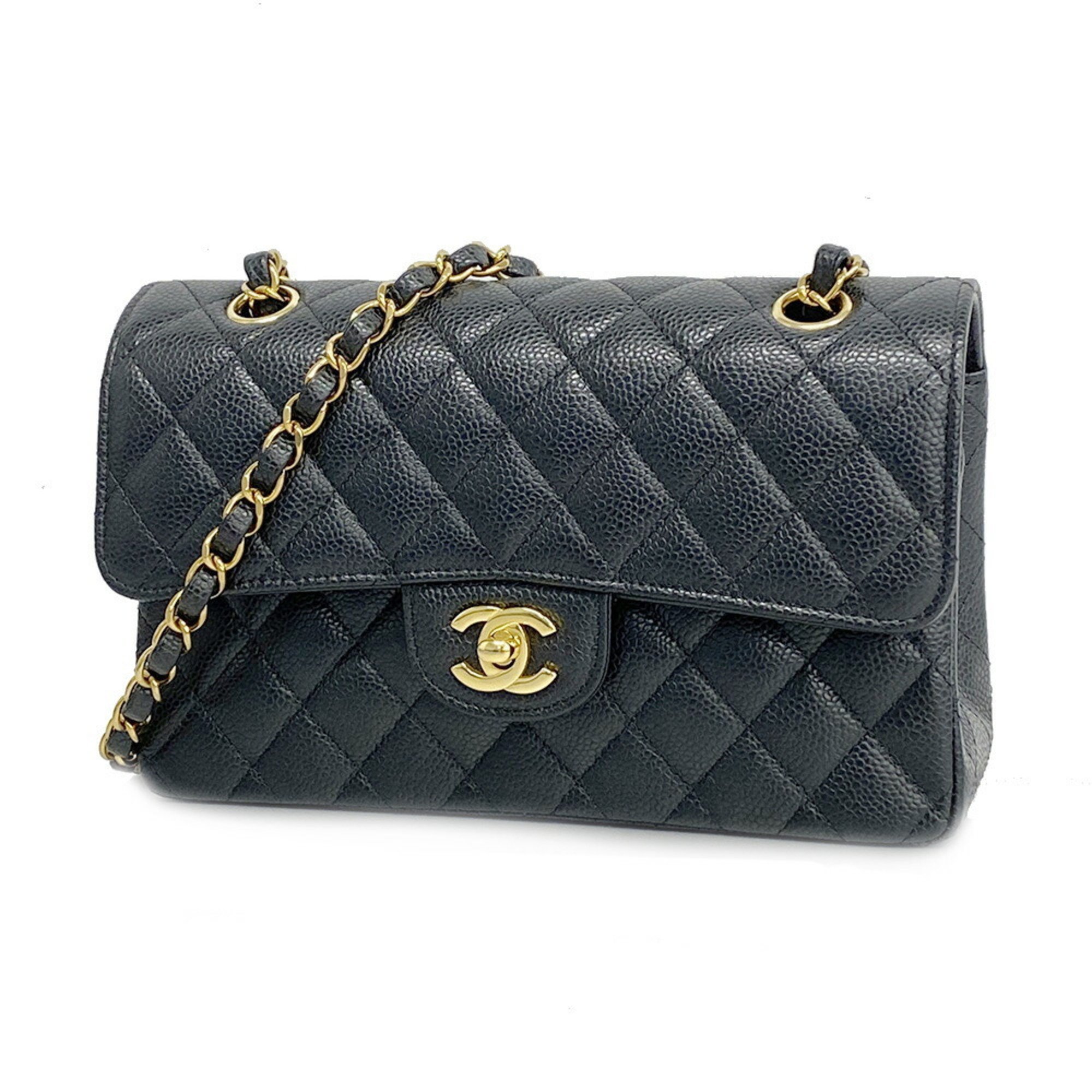 Chanel Shoulder Bag Matelasse W Flap Chain Caviar Skin Black Ladies