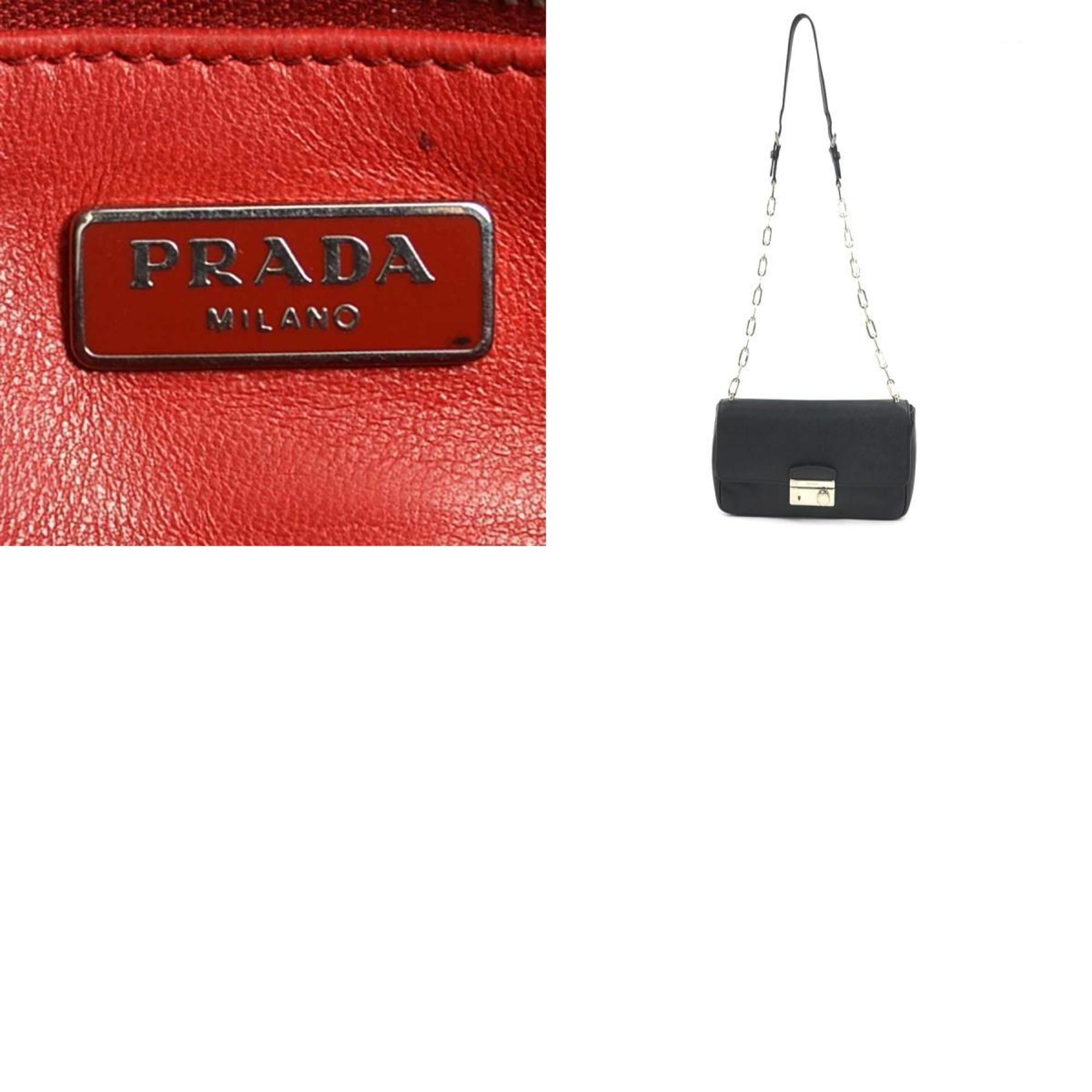 PRADA Crossbody Shoulder Bag Leather/Metal Black/Silver Women's