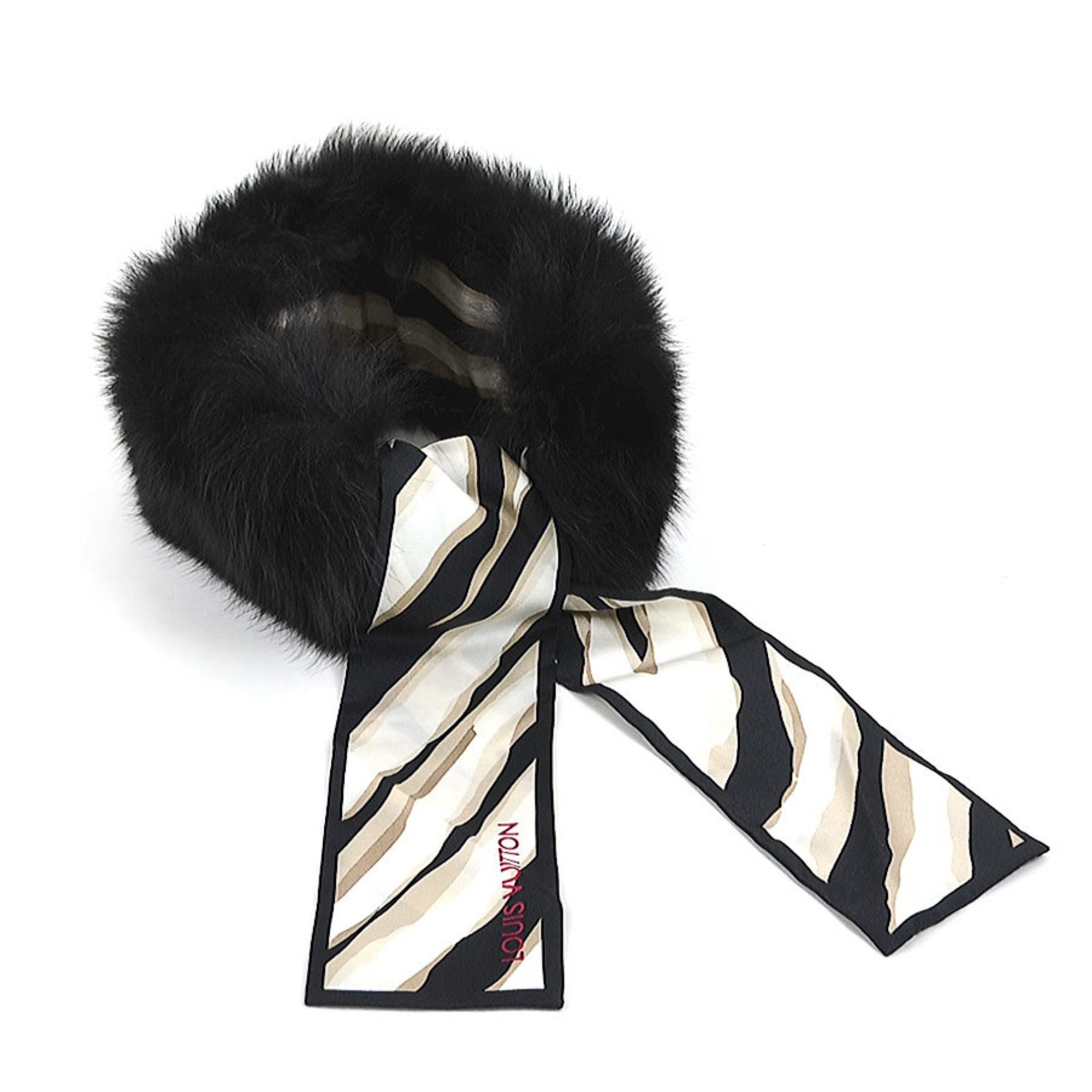 LOUIS VUITTON Scarf Muffler Ribbon Bandeau Fleur Silk/Fox Black x White Beige Ladies