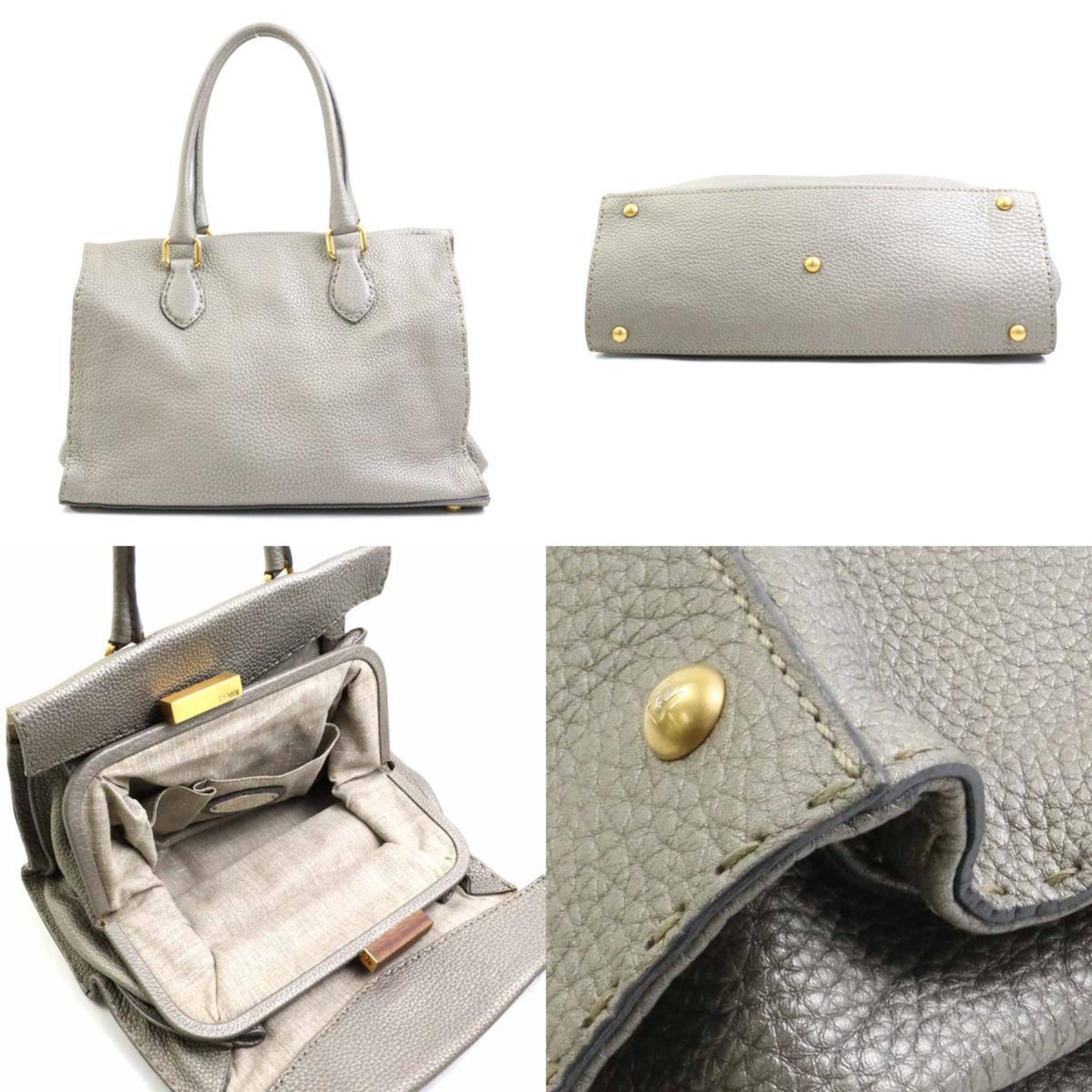 FENDI Handbag Selleria Leather Metallic Gray Gold Ladies