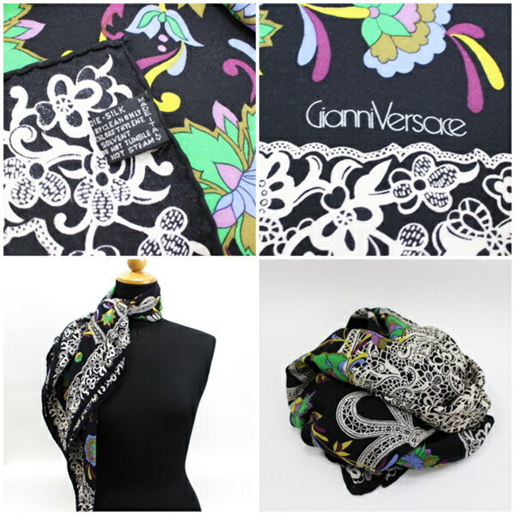 Gianni Versace Silk Scarf Muffler Black x Multicolor Versarce Women's