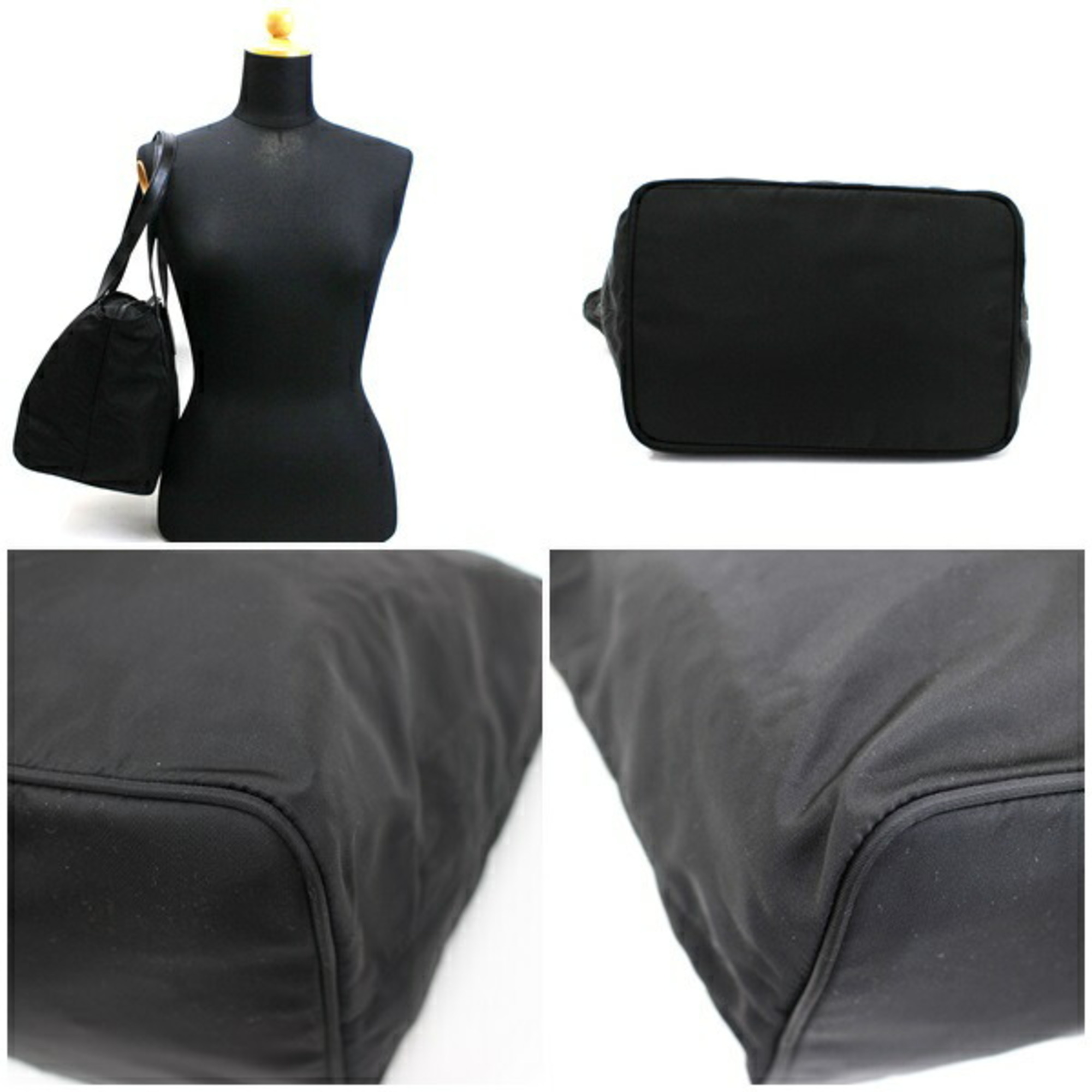 PRADA Tote Bag Triangle Plate Nylon x Leather Black Ladies