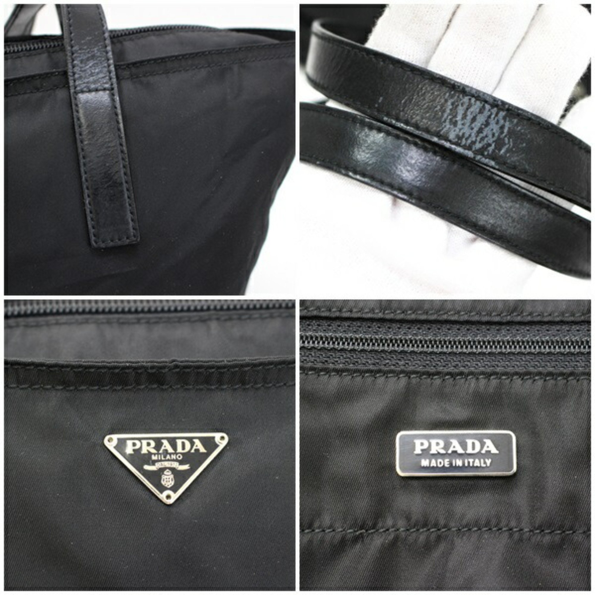 PRADA Tote Bag Triangle Plate Nylon x Leather Black Ladies