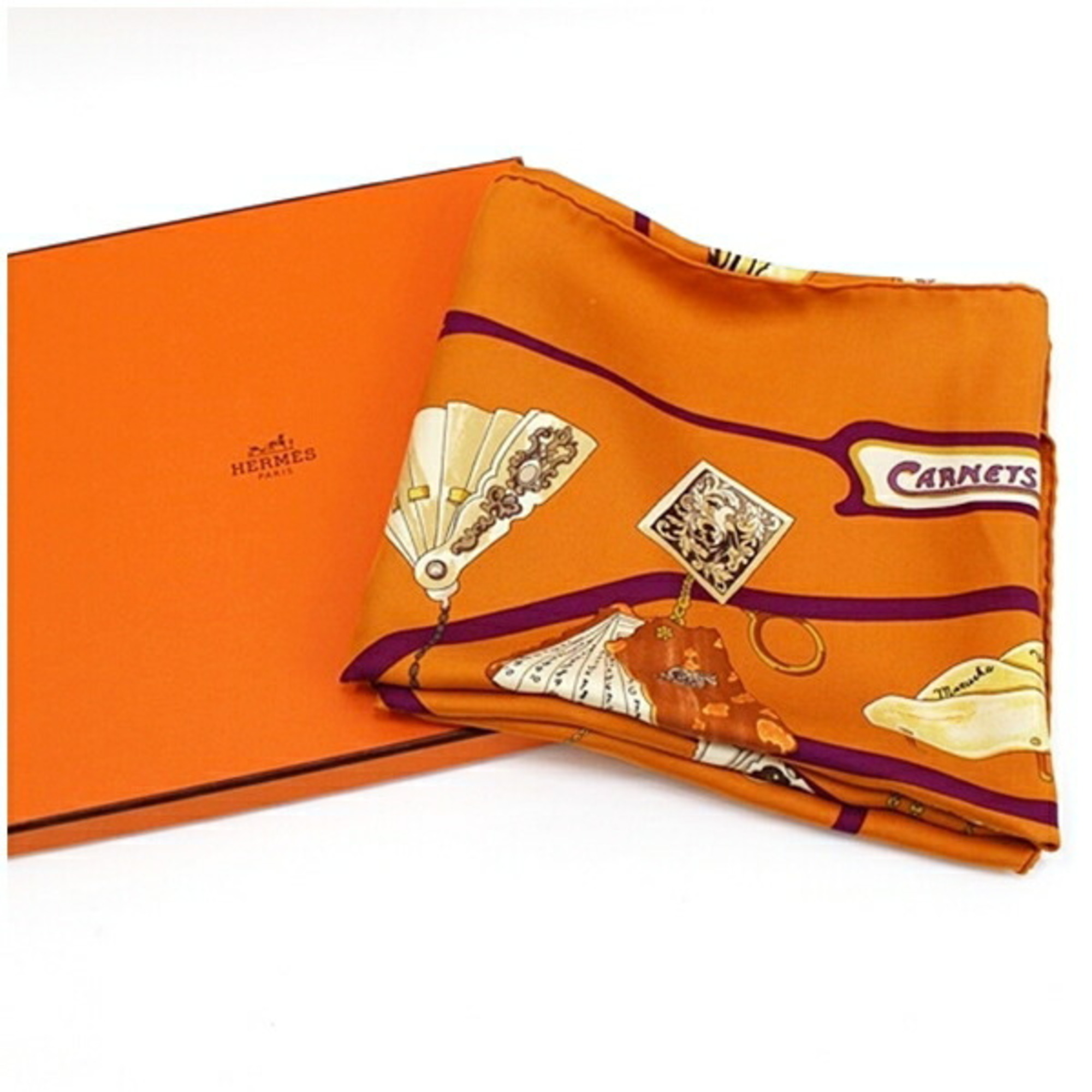 Hermes Silk Scarf Muffler Carre90 CARNETS DE BAL Ball Notebook Orange HERMES Ladies