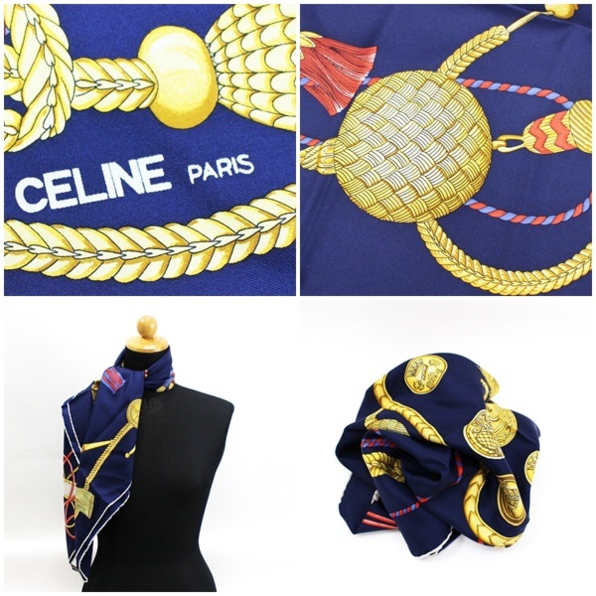 Celine Silk Scarf Muffler Navy Tassel Pattern CELINE Women's