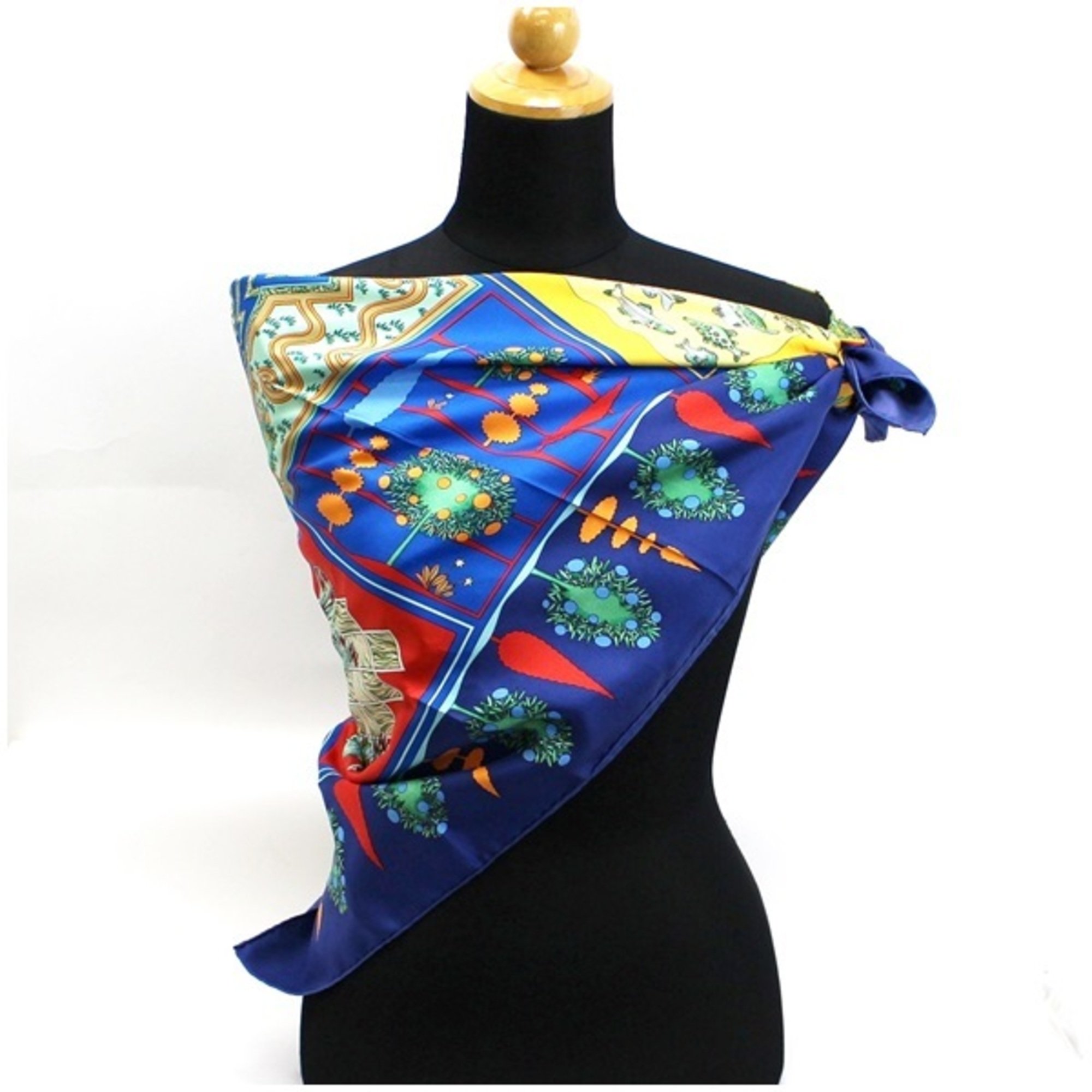 Hermes Silk Scarf Muffler Carre90 PARIDAIZA Paradise Fish Pattern Plant Blue HERMES Ladies