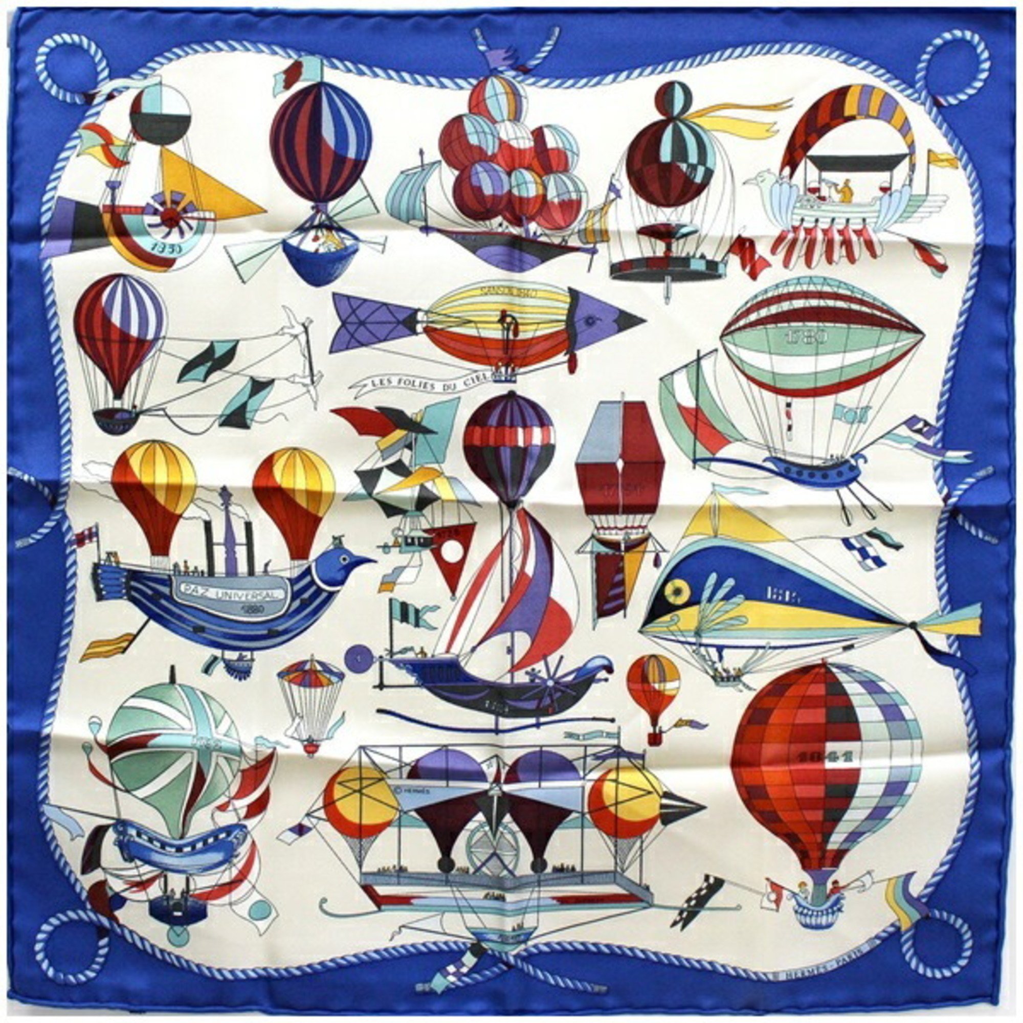 Hermes Silk Scarf Muffler Carre 45 Gavroche "LES FOLIES DU CIEL" Sky Madness Blue x Multicolor HERMES Women's