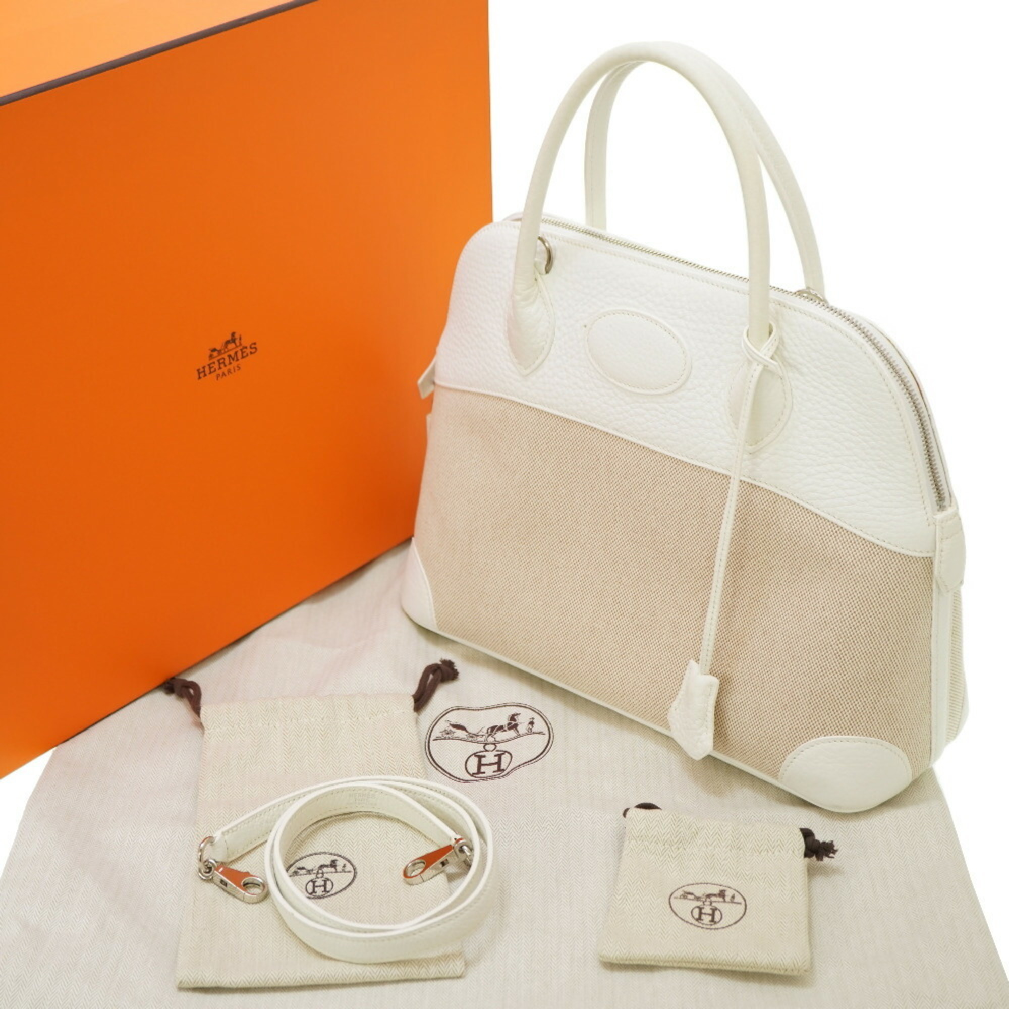 Hermes Bolide 31 Toile Ash Taurillon Clemence Handbag Shoulder Strap White □J stamp 0068HERMES 6A0068EZ6