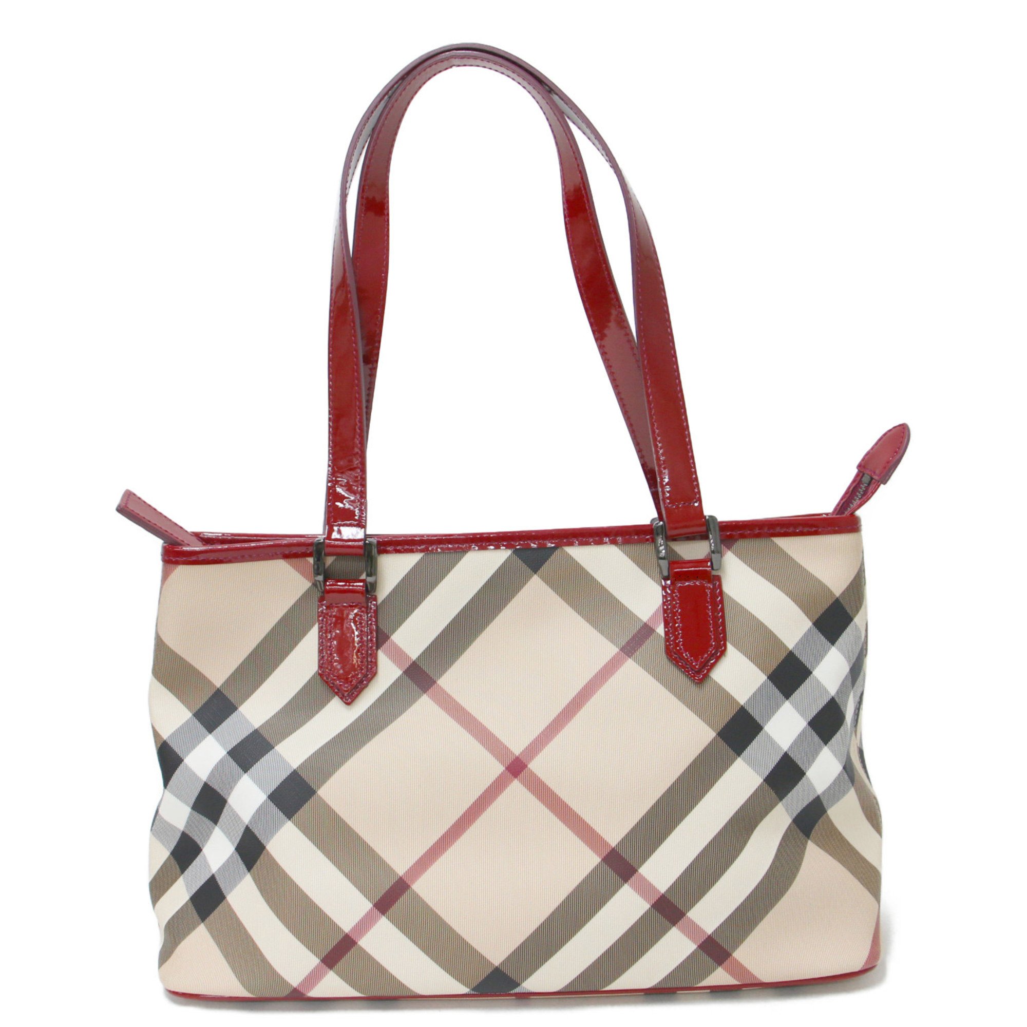 BURBERRY Burberry Bag Tote Beige Red Shoulder Check Enamel Leather