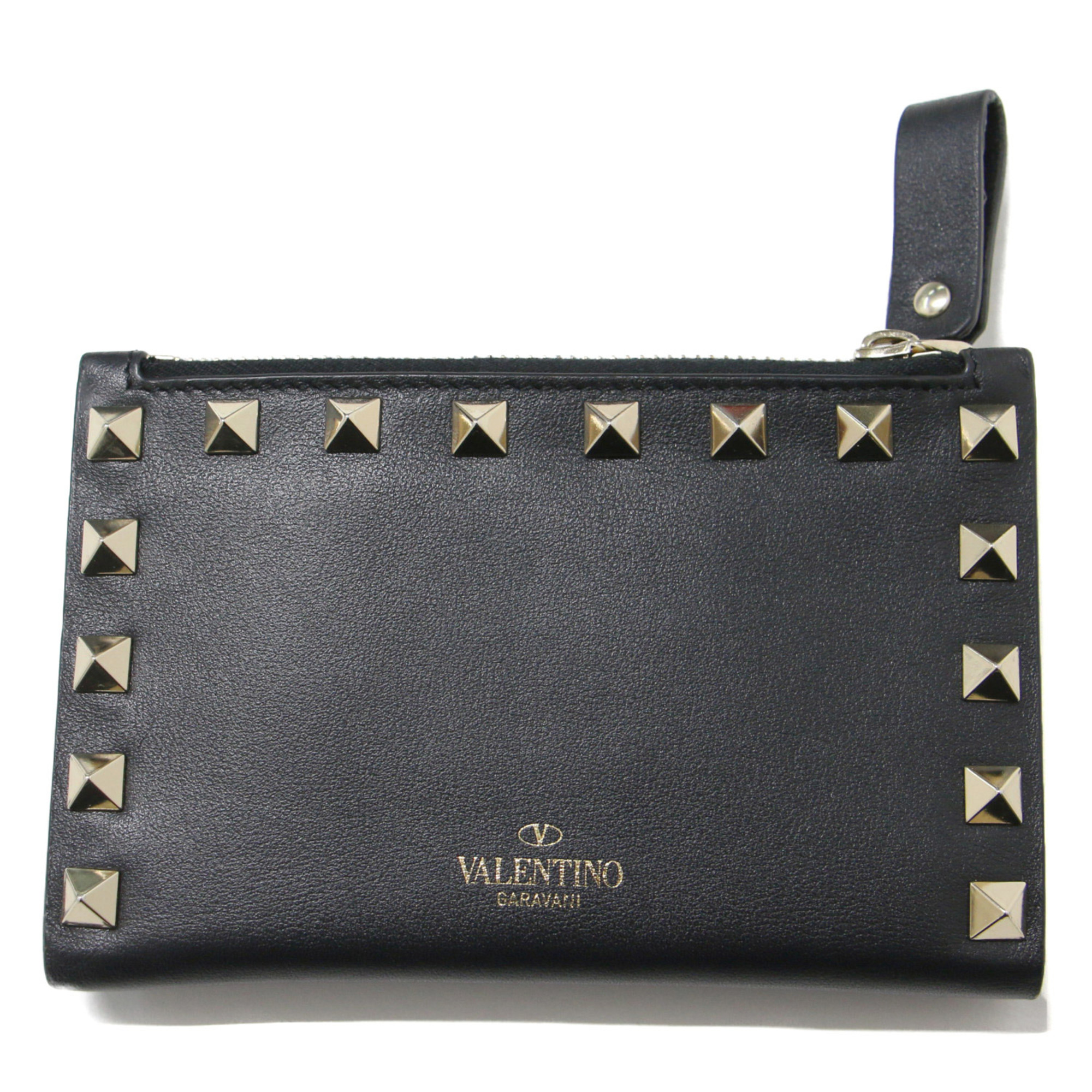 VALENTINO Wallet Bifold Black Gold Compact Studs Leather