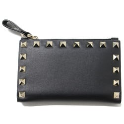 VALENTINO Wallet Bifold Black Gold Compact Studs Leather