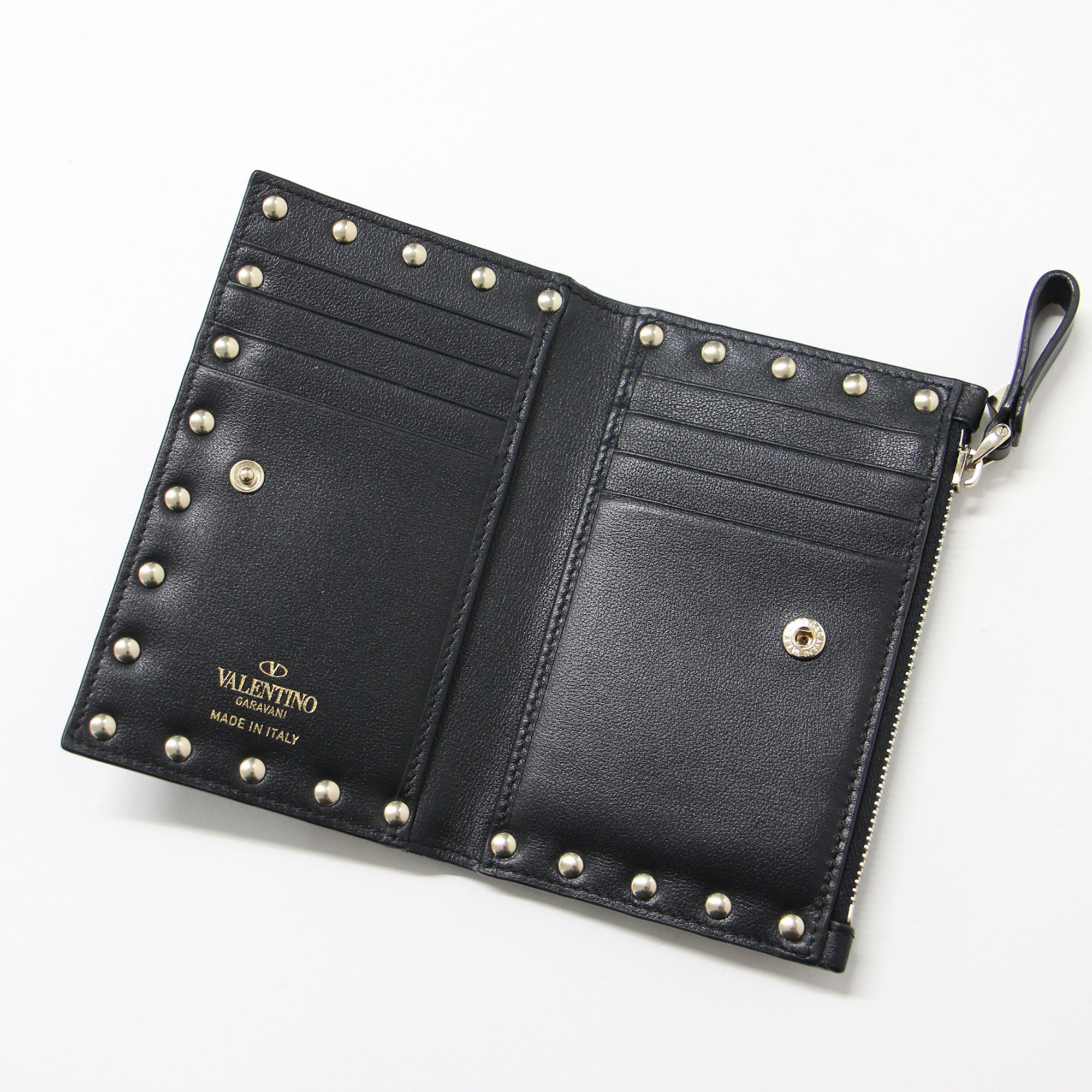 VALENTINO Wallet Bifold Black Gold Compact Studs Leather
