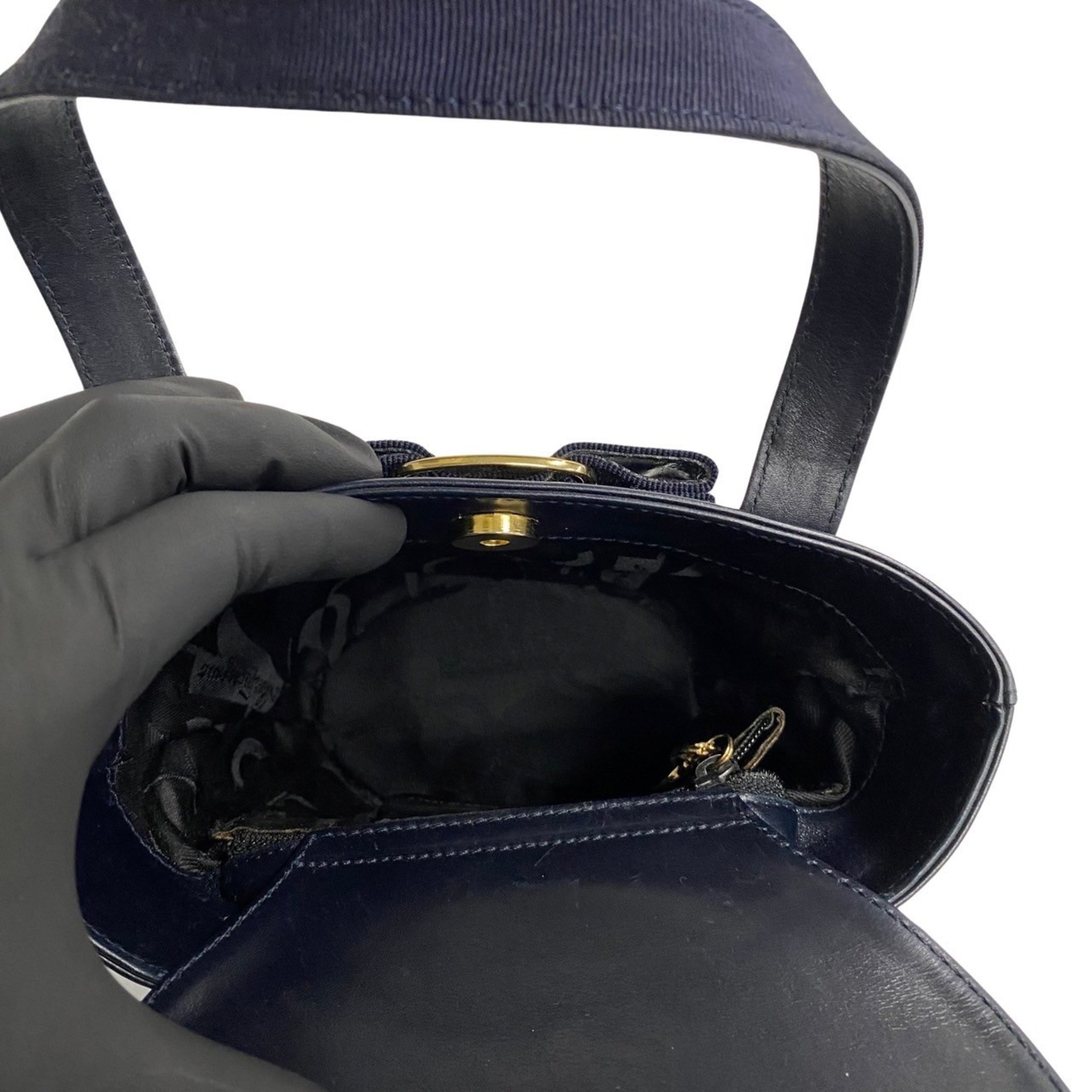 Salvatore Ferragamo Vara Ribbon Metal Fittings Leather Handbag Navy 11625