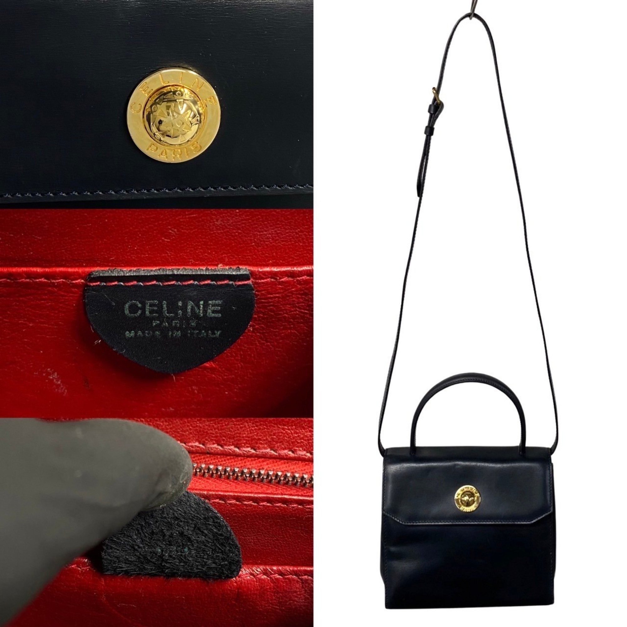 CELINE Star Ball Leather 2way Handbag Shoulder Bag Black Red Lining 51431