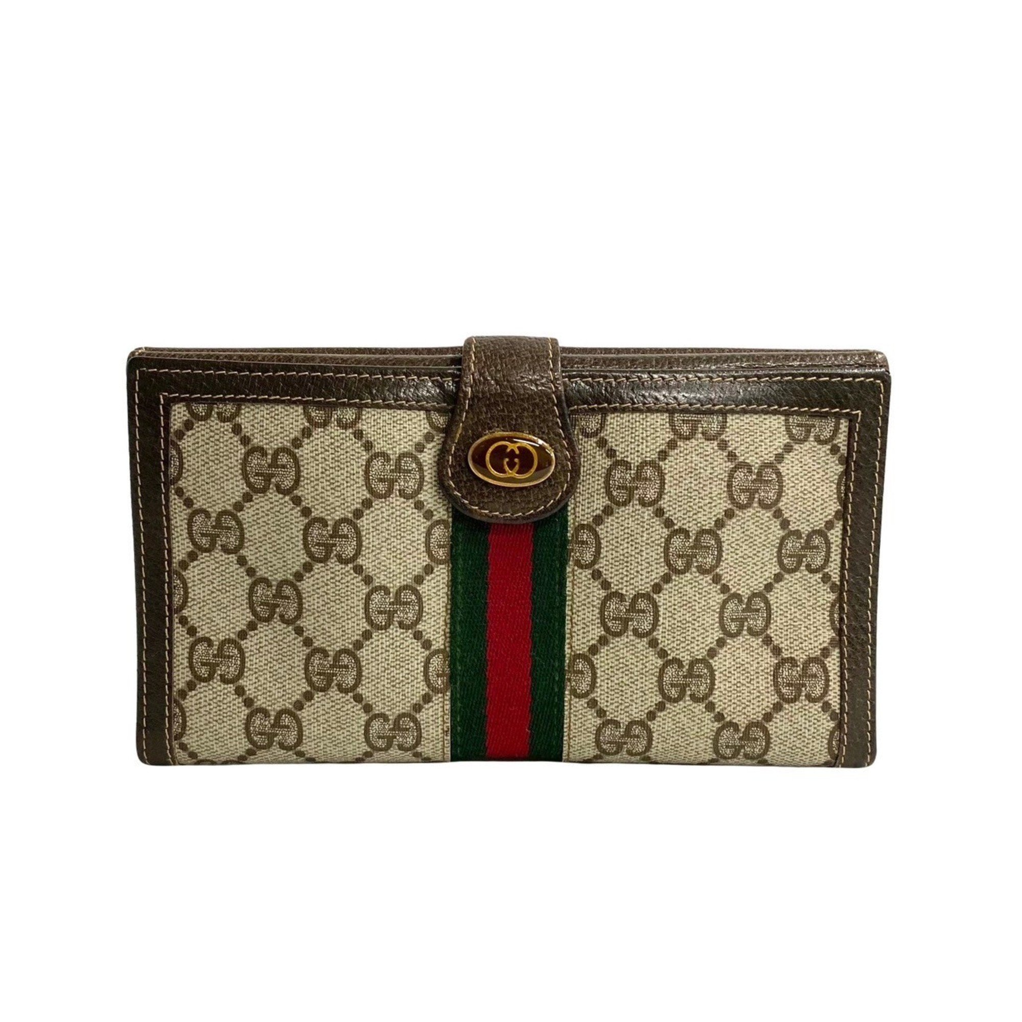GUCCI Old Gucci Sherry Line GG Hardware Leather Bifold Long Wallet Brown 95892
