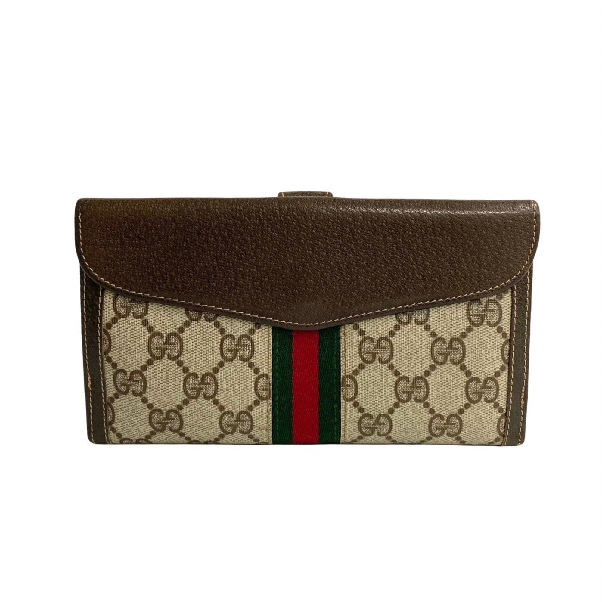 GUCCI Old Gucci Sherry Line GG Hardware Leather Bifold Long Wallet Brown 95892