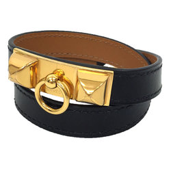 HERMES Leather Bracelet COLLIER DE CHIEN Collier de Chien Double Tour S Size Black x Gold T Stamped 2 Rows Hermes aq9419